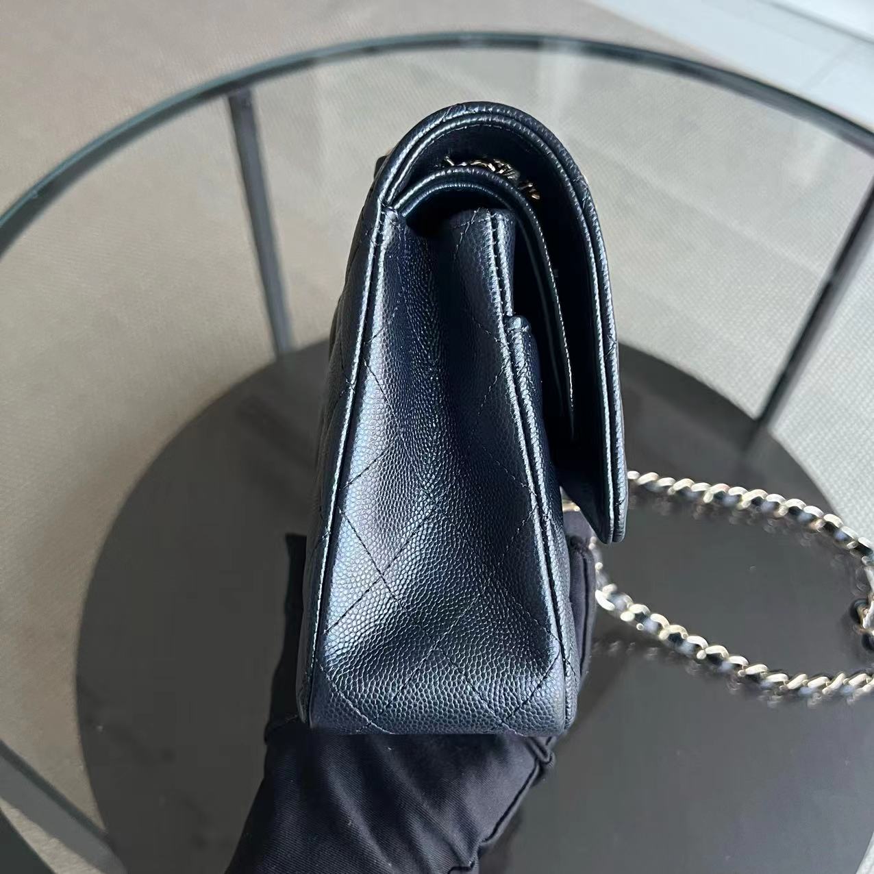 *Unused, Full Set Receipt* Caviar Double Flap Quilted Grained Calfskin Dark Blue Golden Hardware Series 28