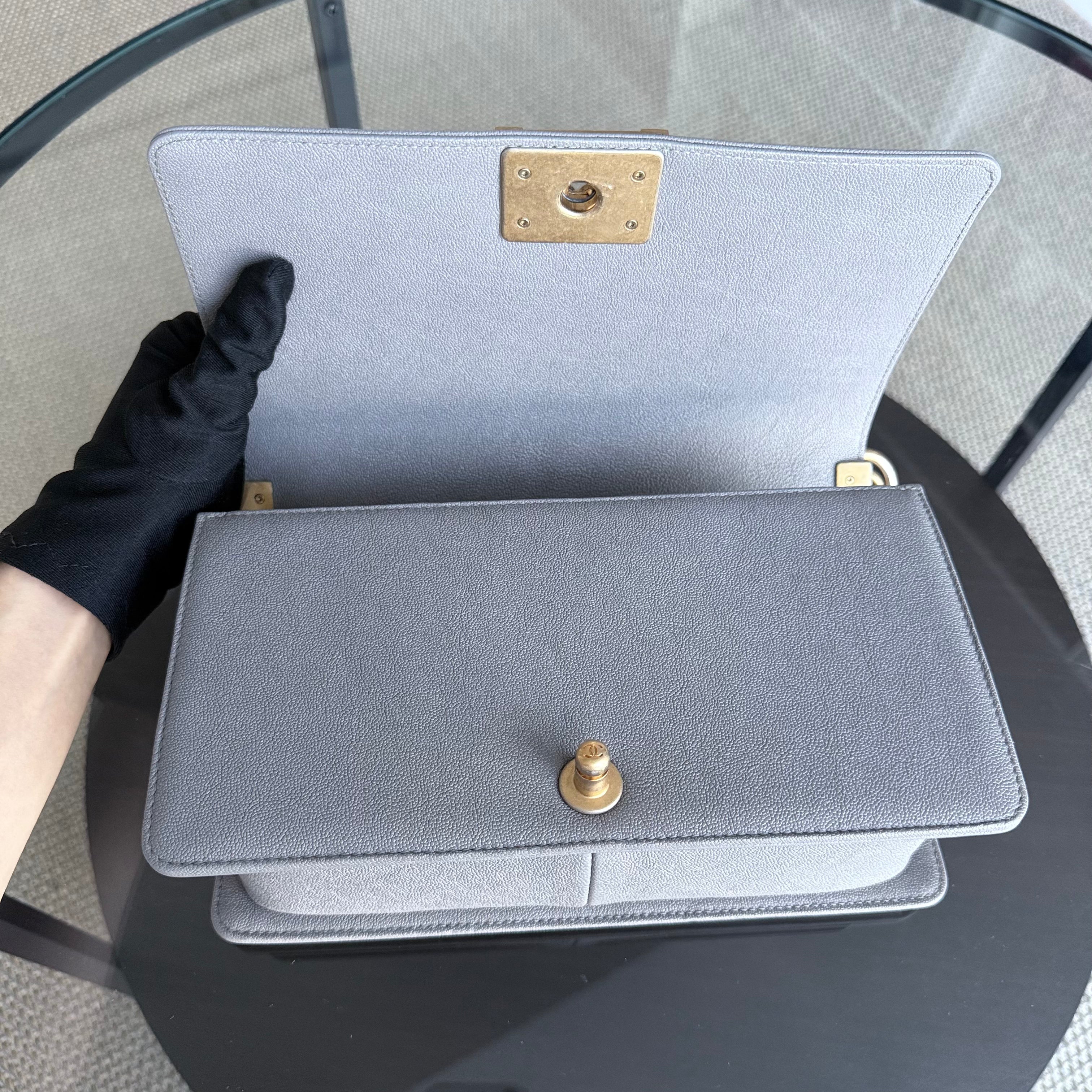 Chanel Boy Medium - Caviar 25CM Quilted Light Grey Gray Gold Hardware Series 26
