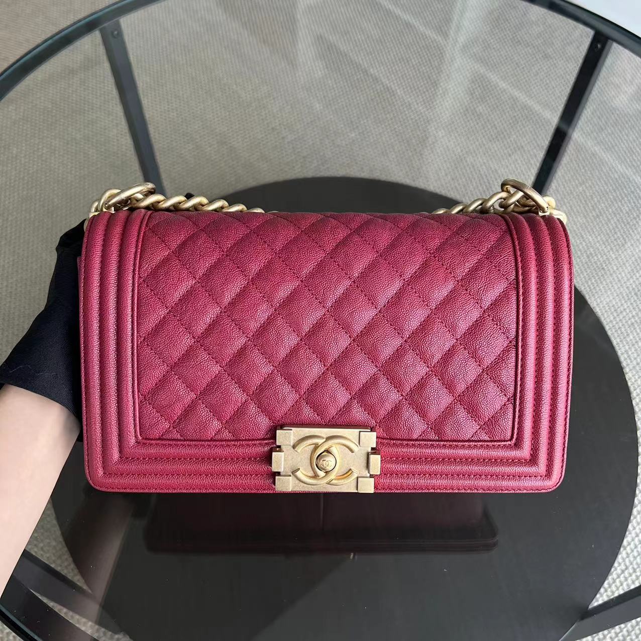Chanel Boy Medium - Caviar 25CM Quilted Dark Red Golden Hardware Series 26