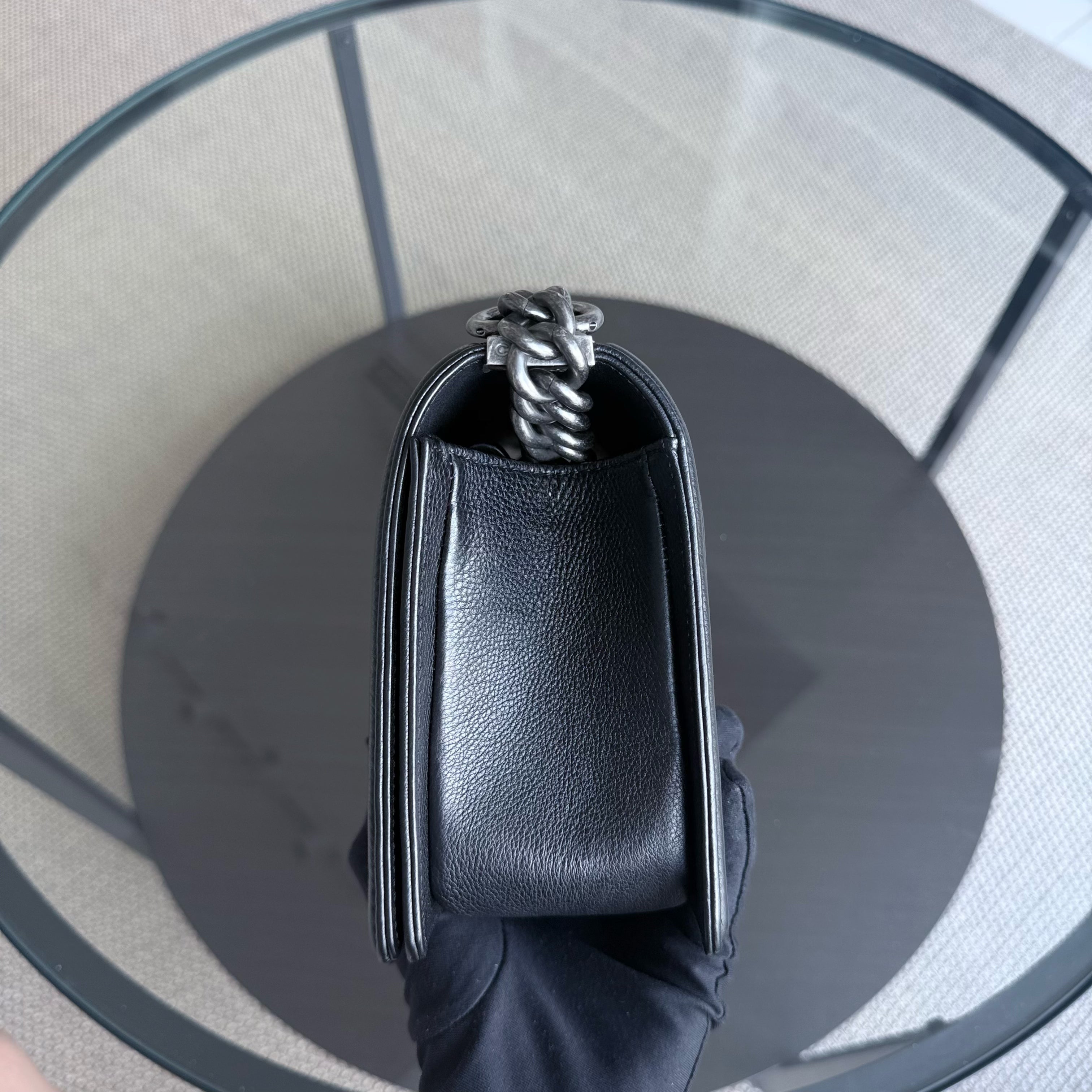 Chanel Boy Medium - Grained Calfskin 25CM Quilted Black Ruthenium Silver Hardware Series 23