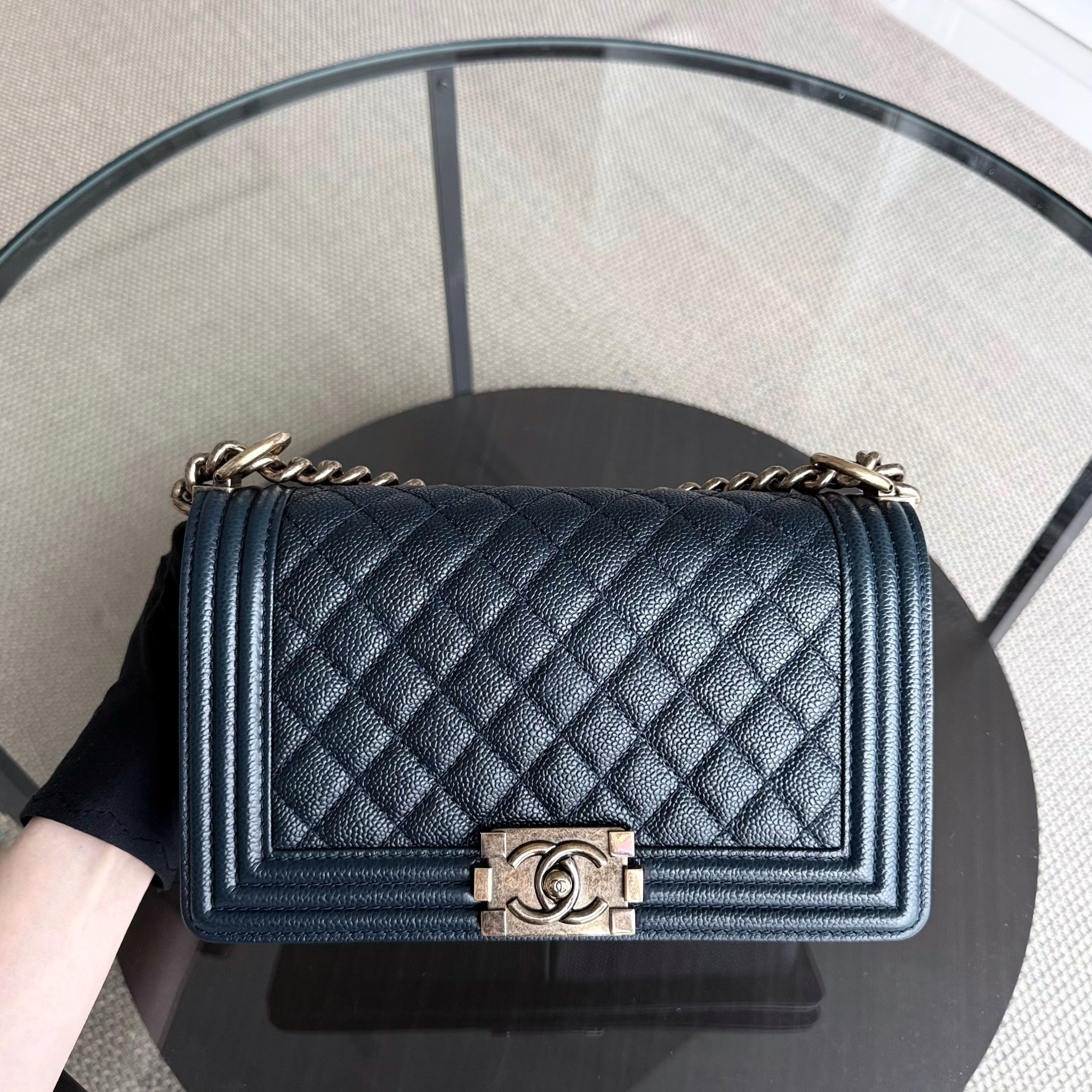 Chanel Boy Medium - Caviar 25CM Quilted Dark Blue Ruthenium Gold Hardware Series 19