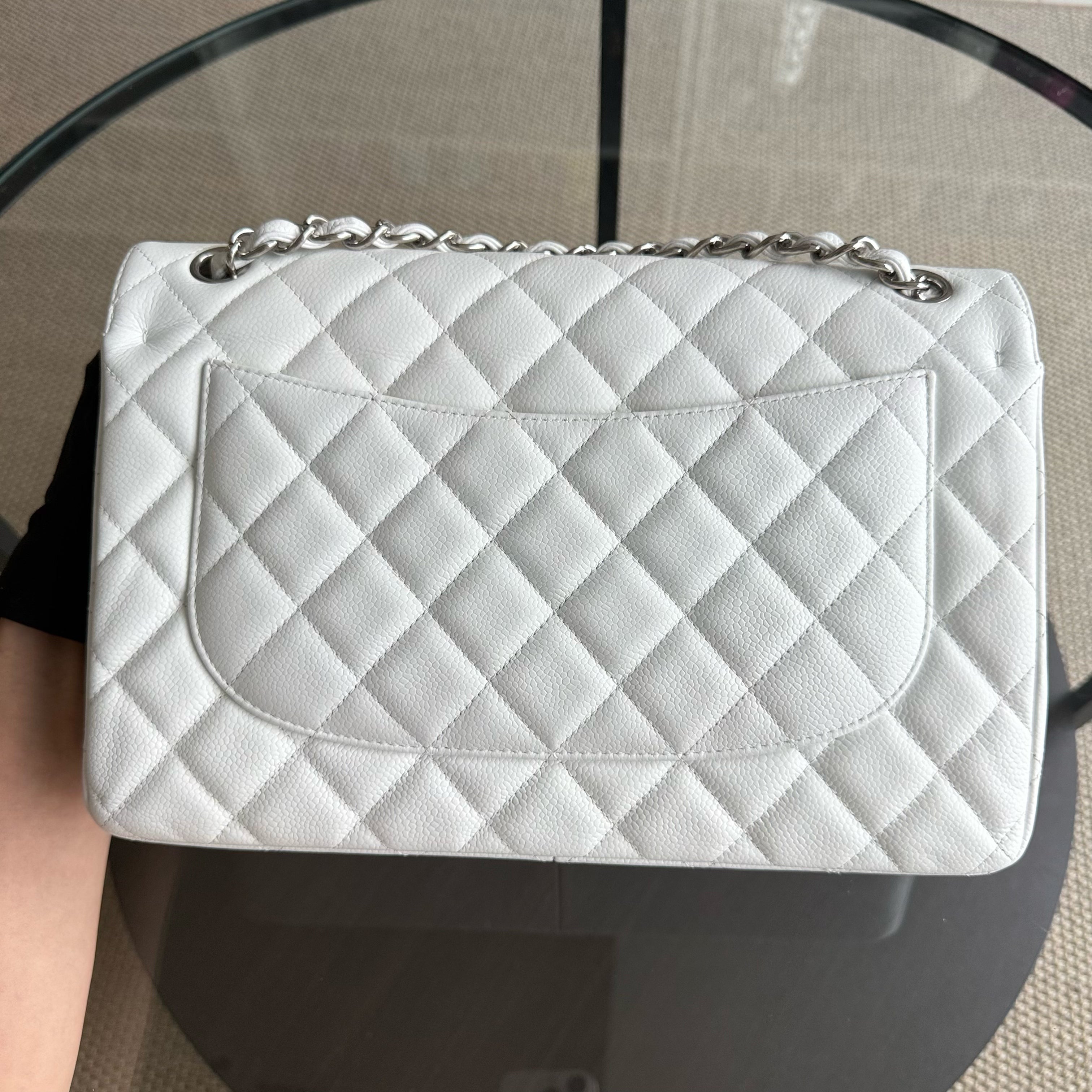 Chanel Classic Flap Jumbo - Caviar Double Flap 30CM Quilted White Silver Hardware Series 14