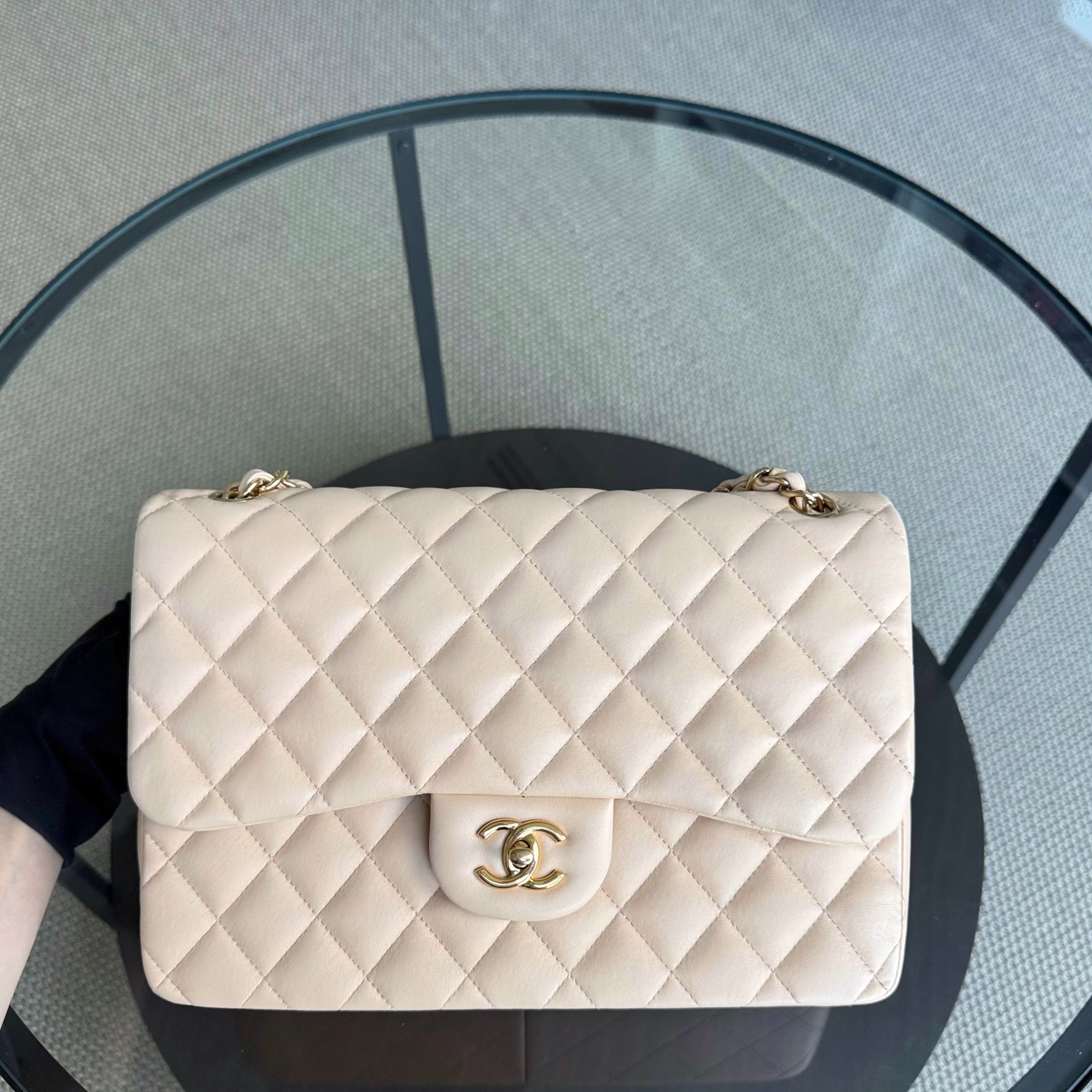 Chanel Classic Flap Jumbo - Double Flap 30CM Quilted Lambskin Beige Gold Hardware Series 19