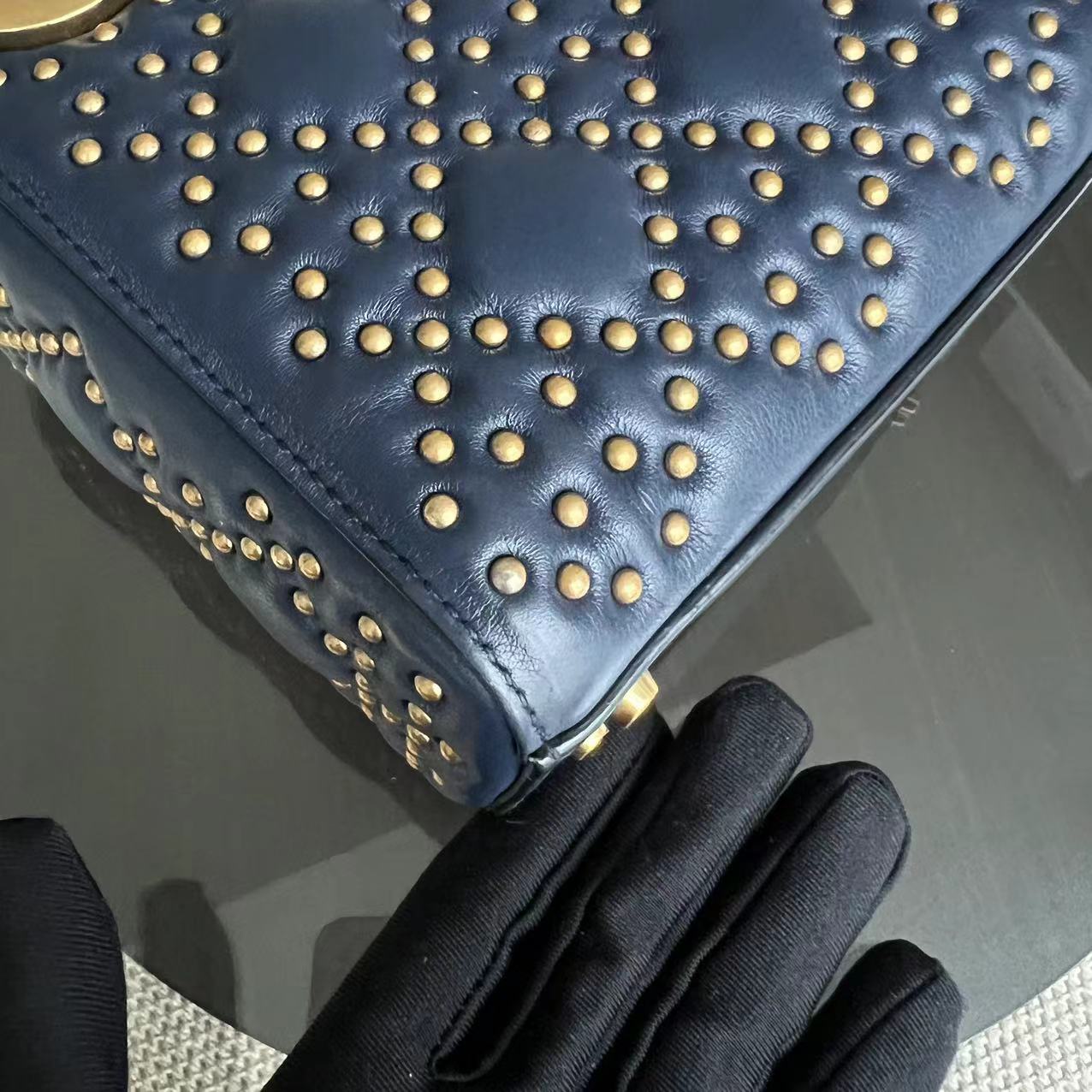 Dior Lady Mini - Studded Calfskin Dark Blue Golden Hardware