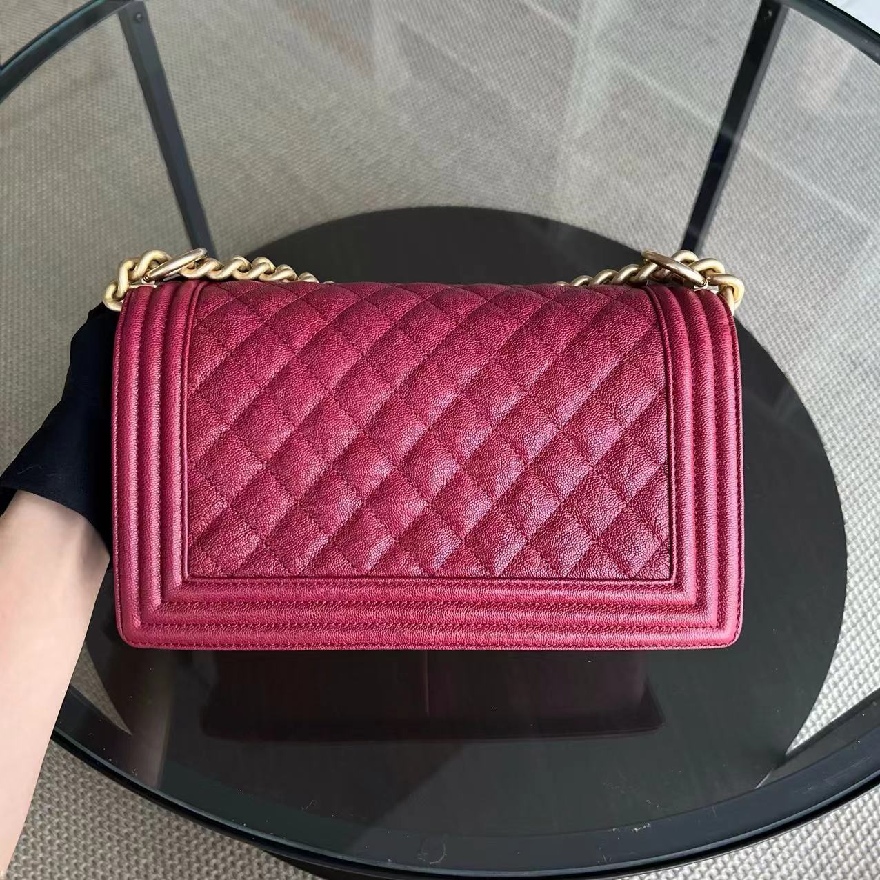 Chanel Boy Medium - Caviar 25CM Quilted Dark Red Golden Hardware Series 26