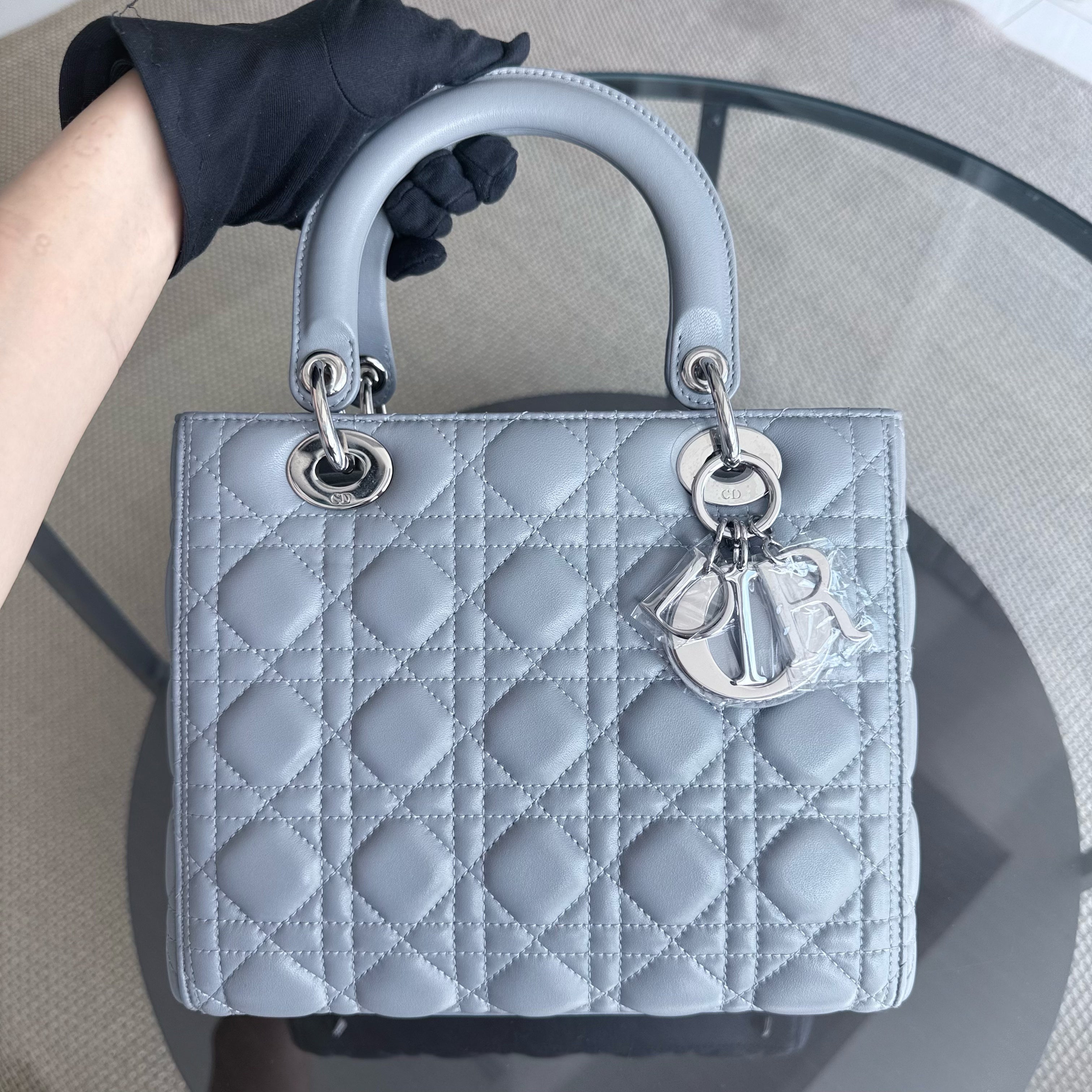 Dior Lady Medium - Cannage Lambskin Grey Gray Silver Hardware