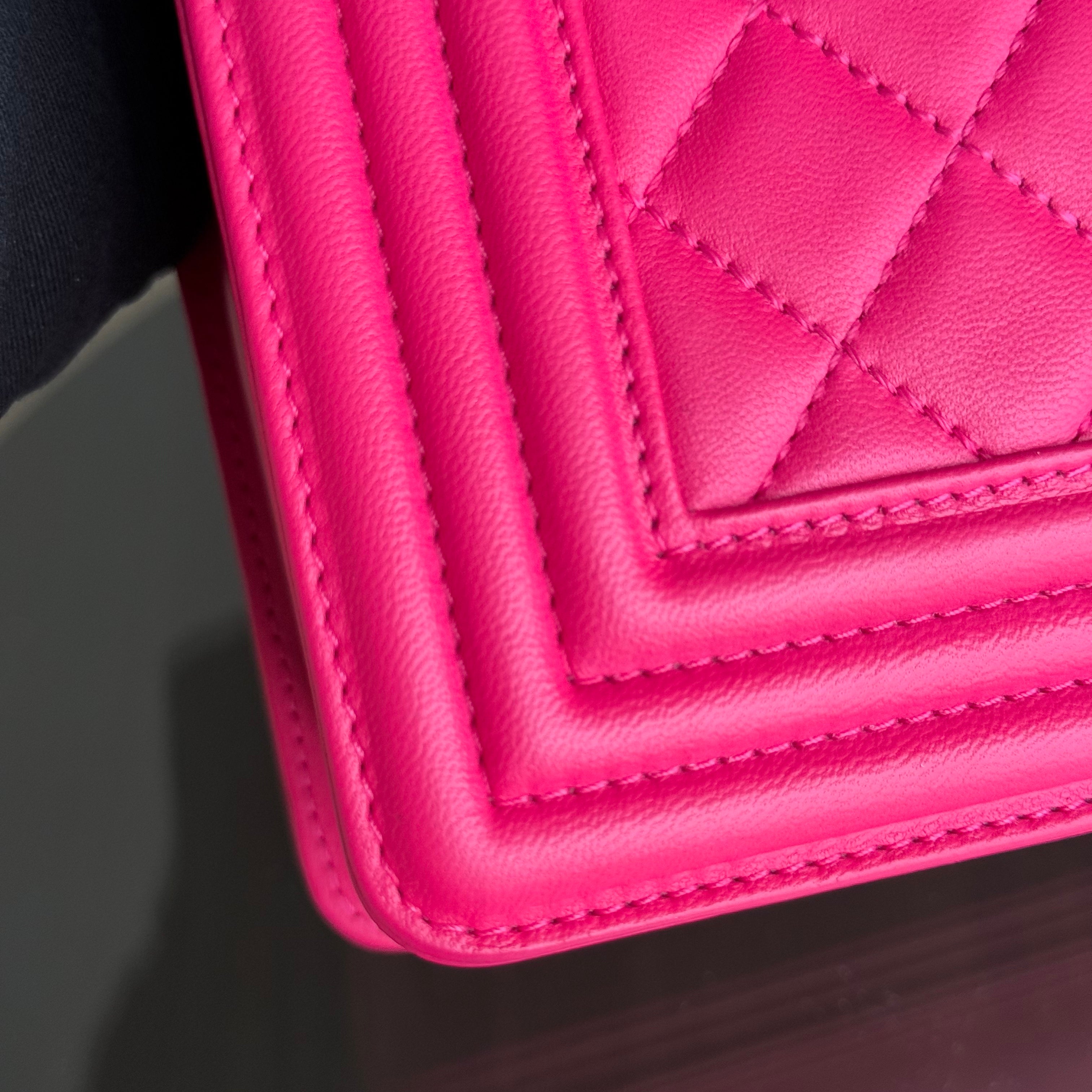 Chanel Boy Medium - 28CM Quilted Lambskin Hot Pink Ruthenium Silver Hardware Series 19