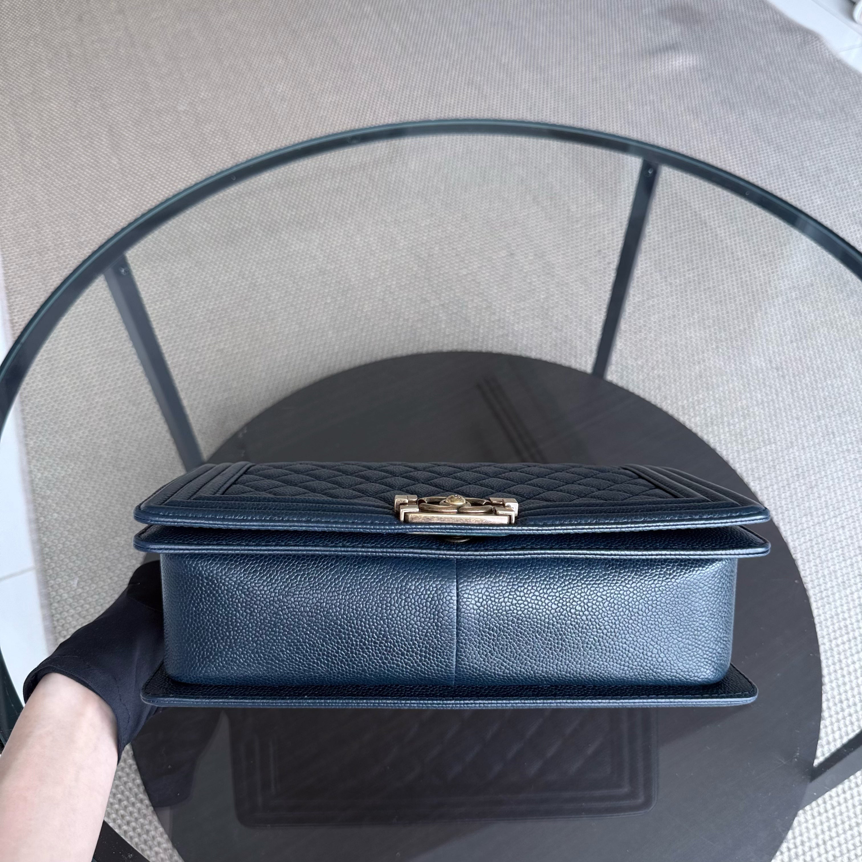 Chanel Boy New Medium - Caviar 28CM Quilted Dark Blue Ruthenium Gold Hardware Series 19
