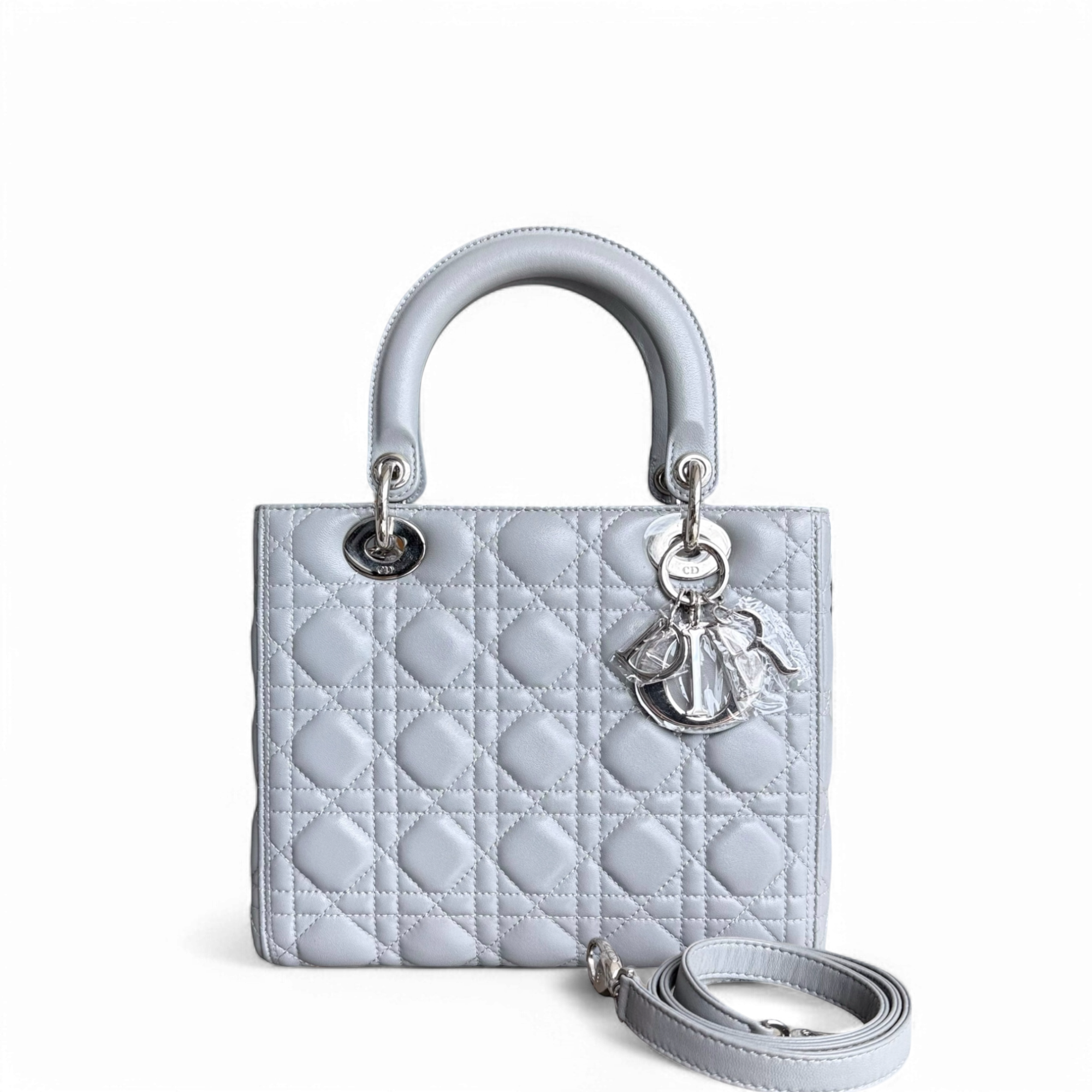 Dior Lady Medium - Cannage Lambskin Grey Gray Silver Hardware