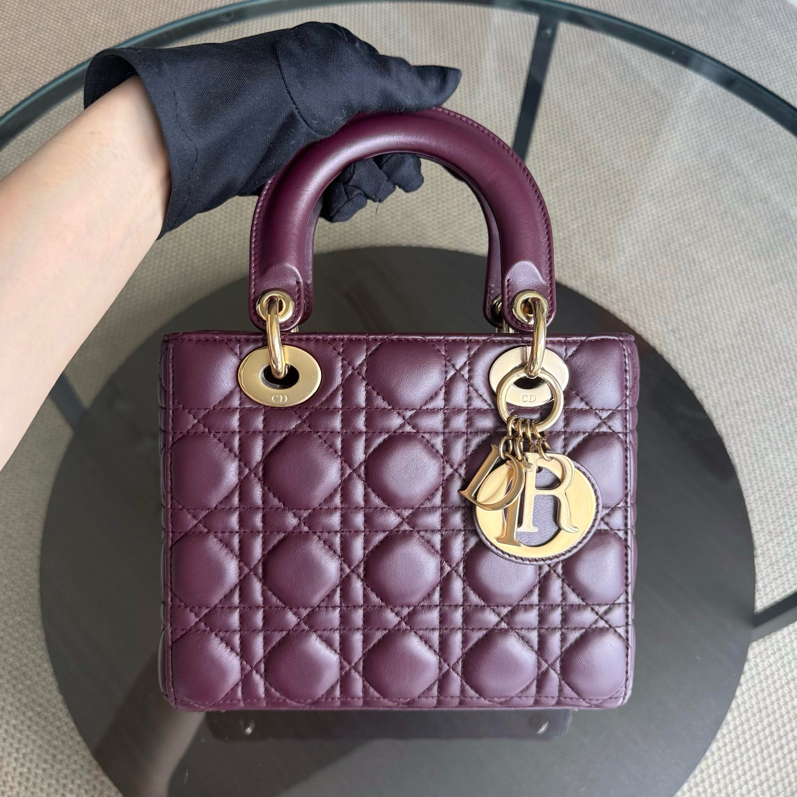 Dior Lady Small Flap - Cannage Lambskin Burgundy Dark Red Gold Hardware