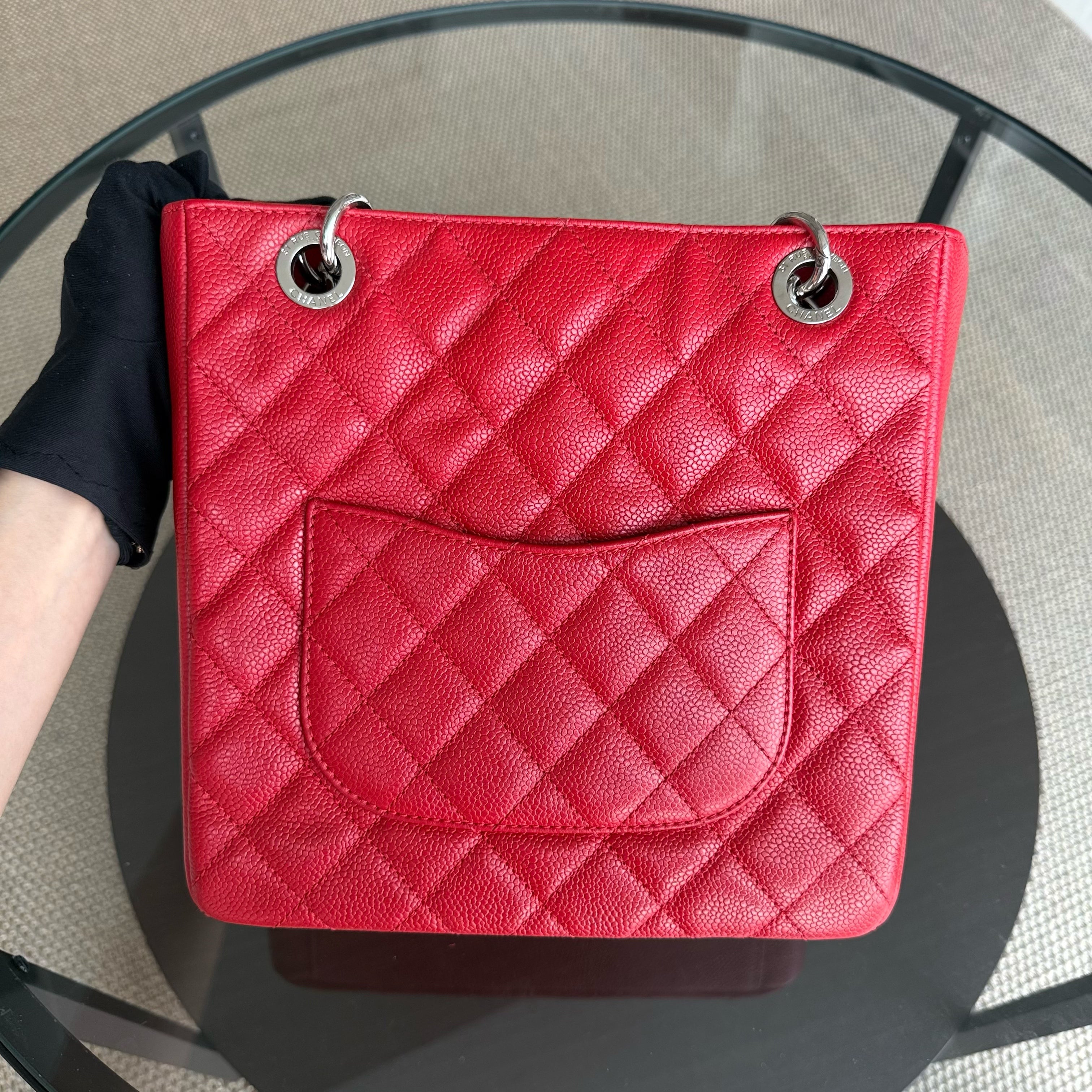 Chanel PST Petite Shopping Tote - Caviar Quilted Red Silver Hardware Series 18