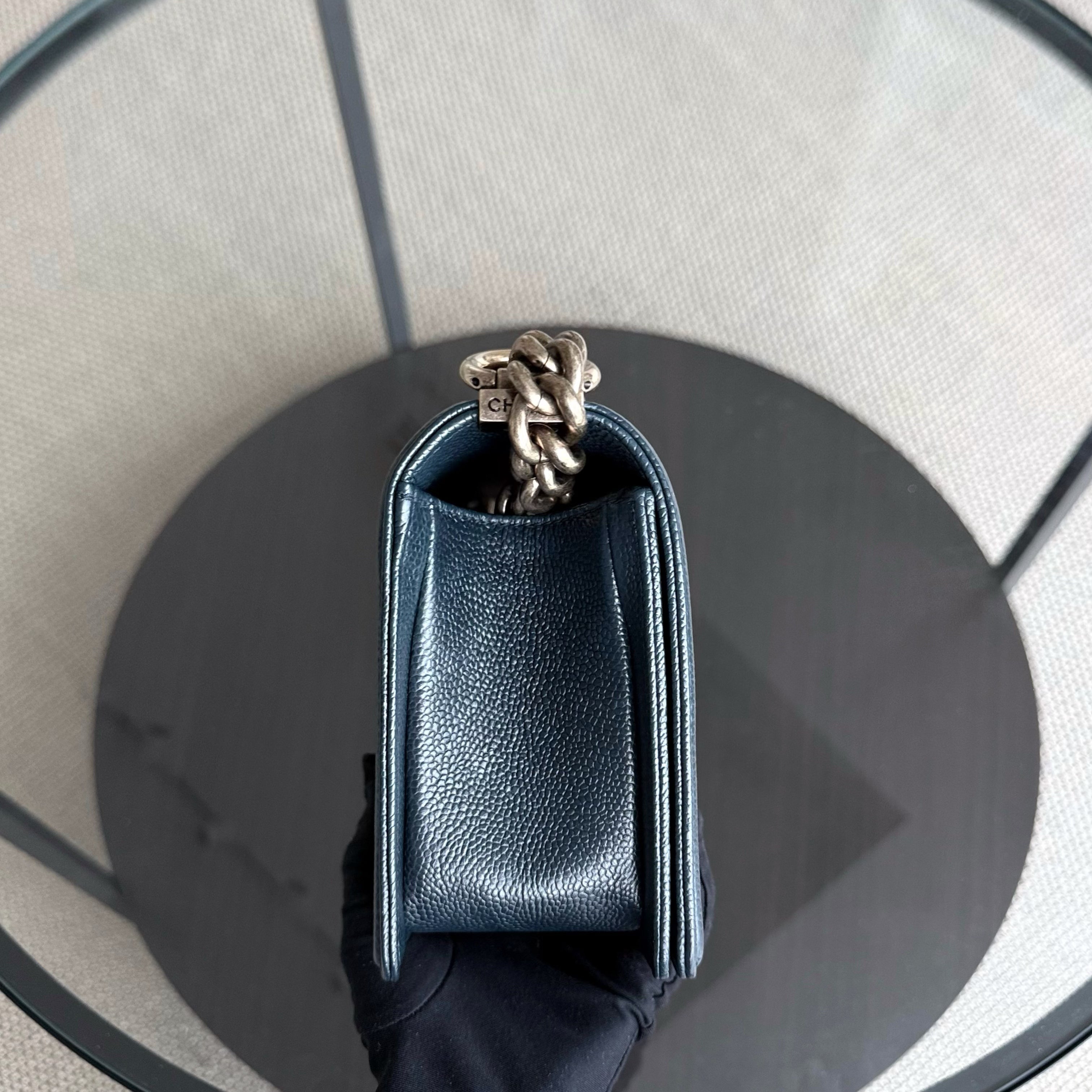 Chanel Boy Medium - Caviar 25CM Quilted Dark Blue Ruthenium Gold Hardware Series 19