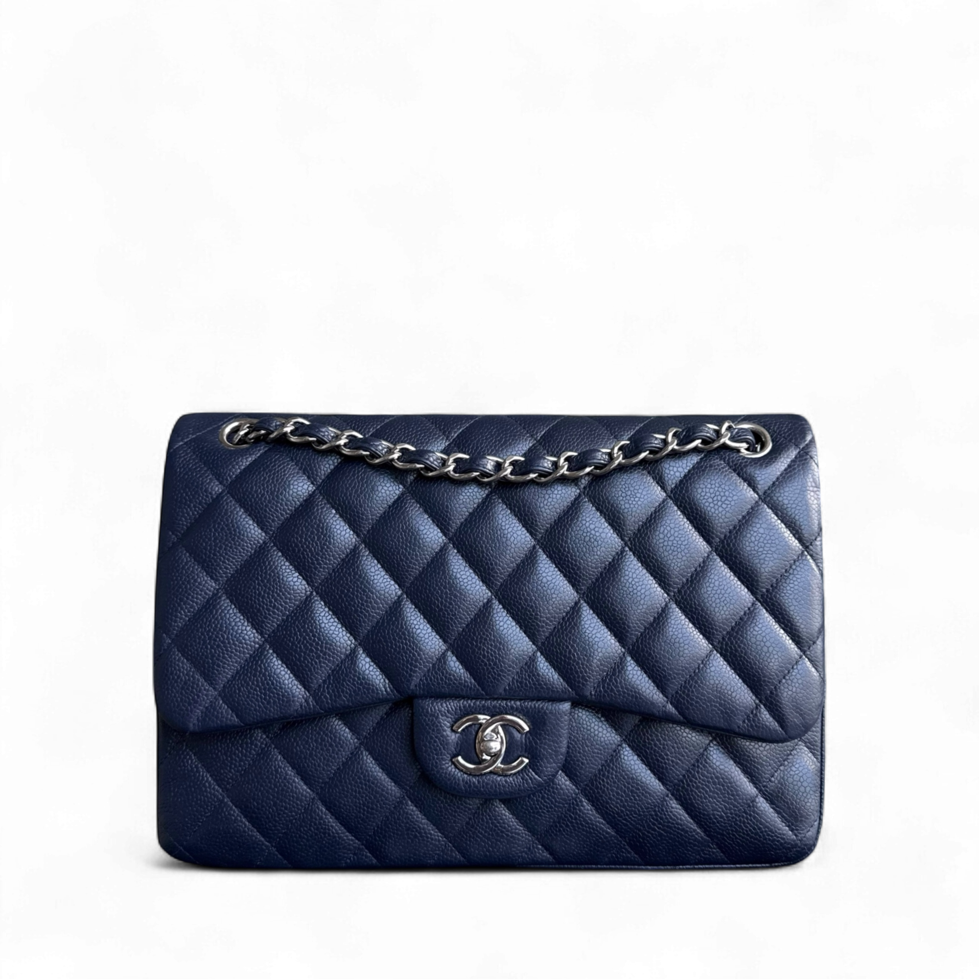 Chanel Classic Flap Jumbo - Caviar Double Flap 30CM Quilted Grained Calfskin Dark Navy Blue Silver Hardware