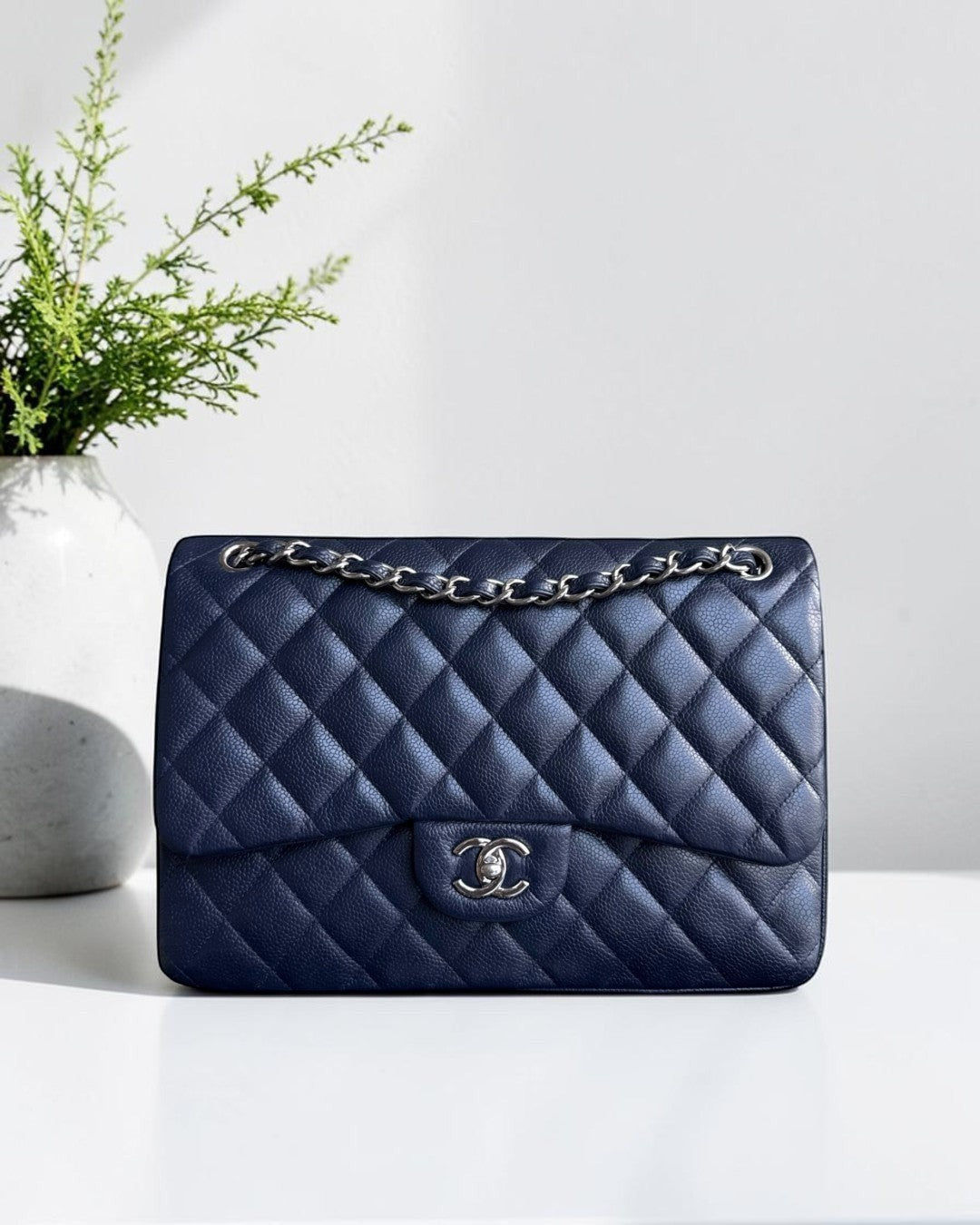 Chanel Classic Flap Jumbo - Caviar Double Flap 30CM Quilted Grained Calfskin Dark Navy Blue Silver Hardware