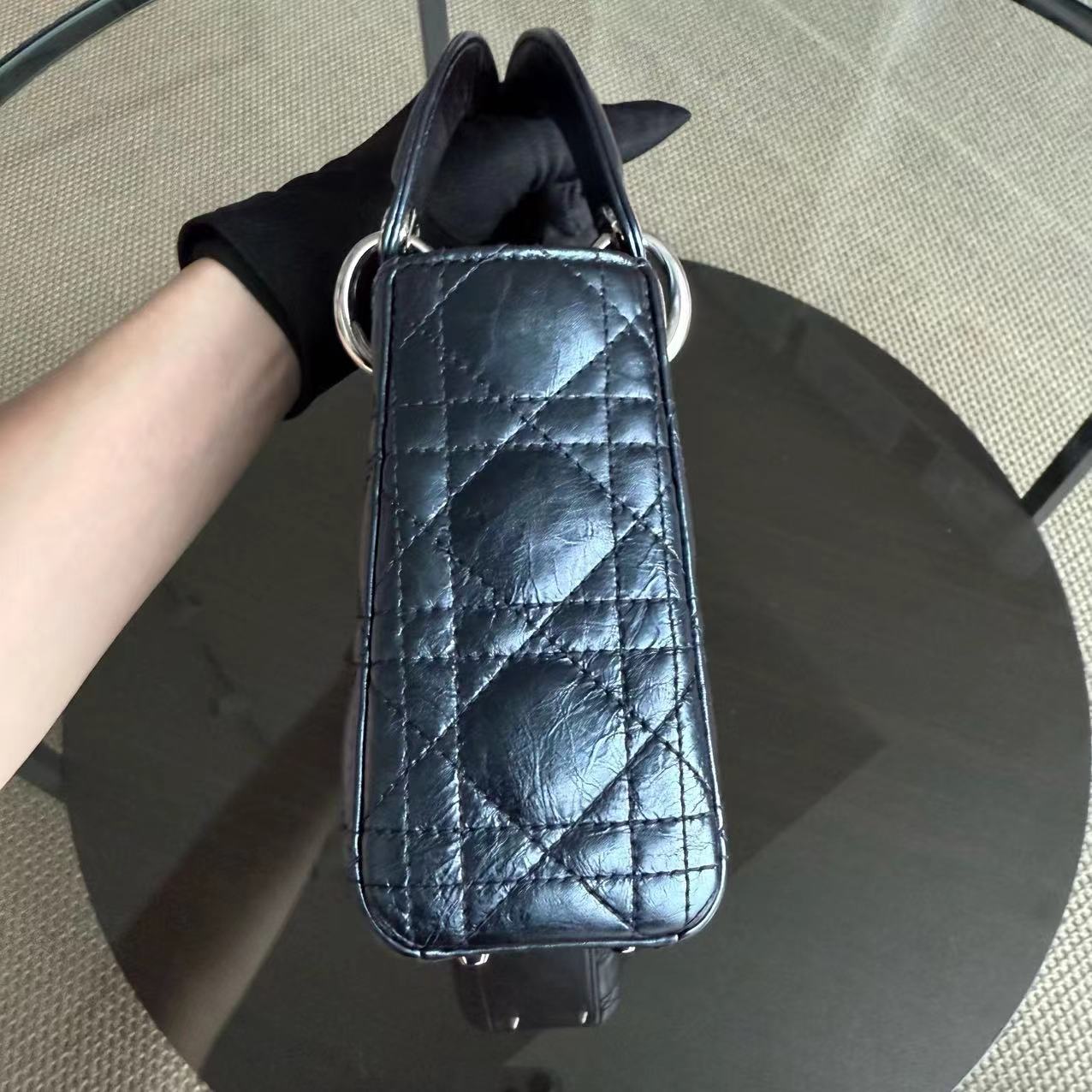 Dior Lady Mini - Glazed Calfskin Metallic Blue Silver Palladium Hardware