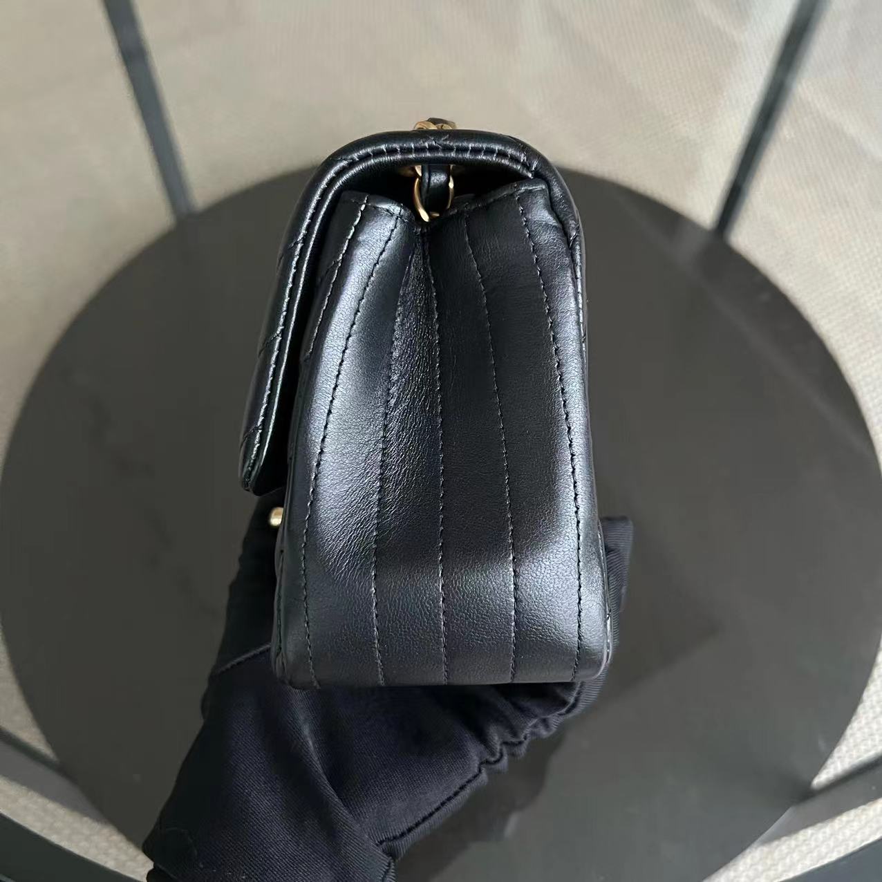 Mini Square Classic Flap Chevron Black Golden Hardware Series 21