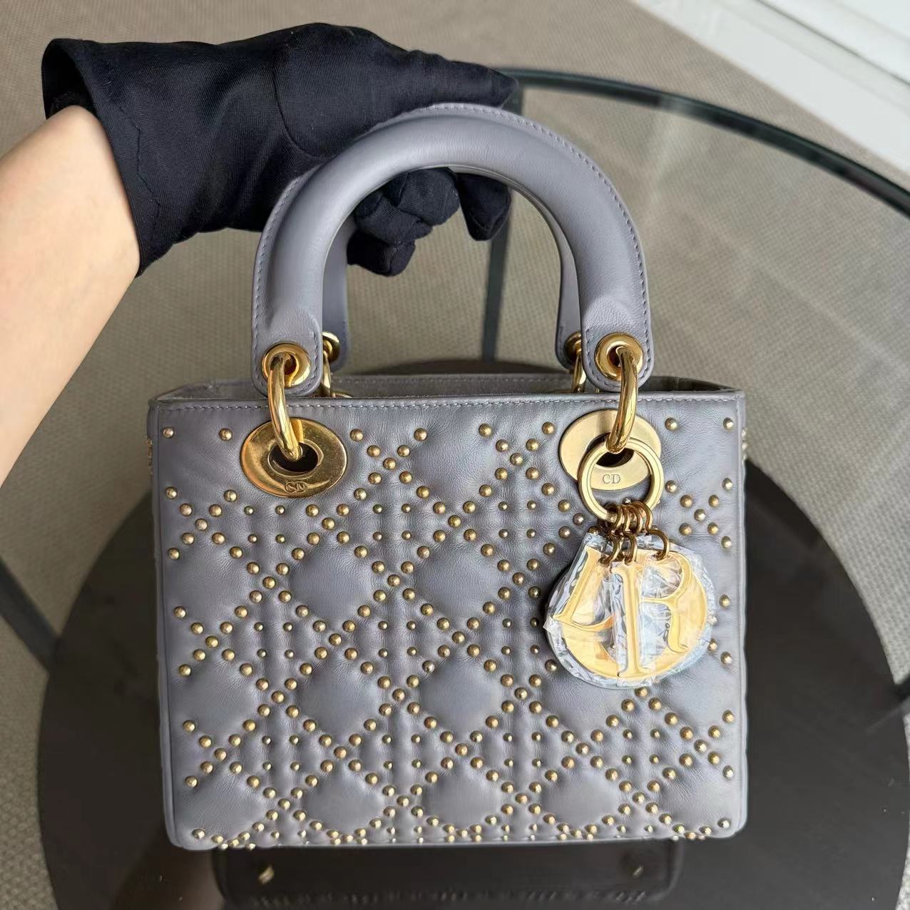 Dior Small Lady Shoulder Bag - Studded Cannage Grey Gray Golden Hardware