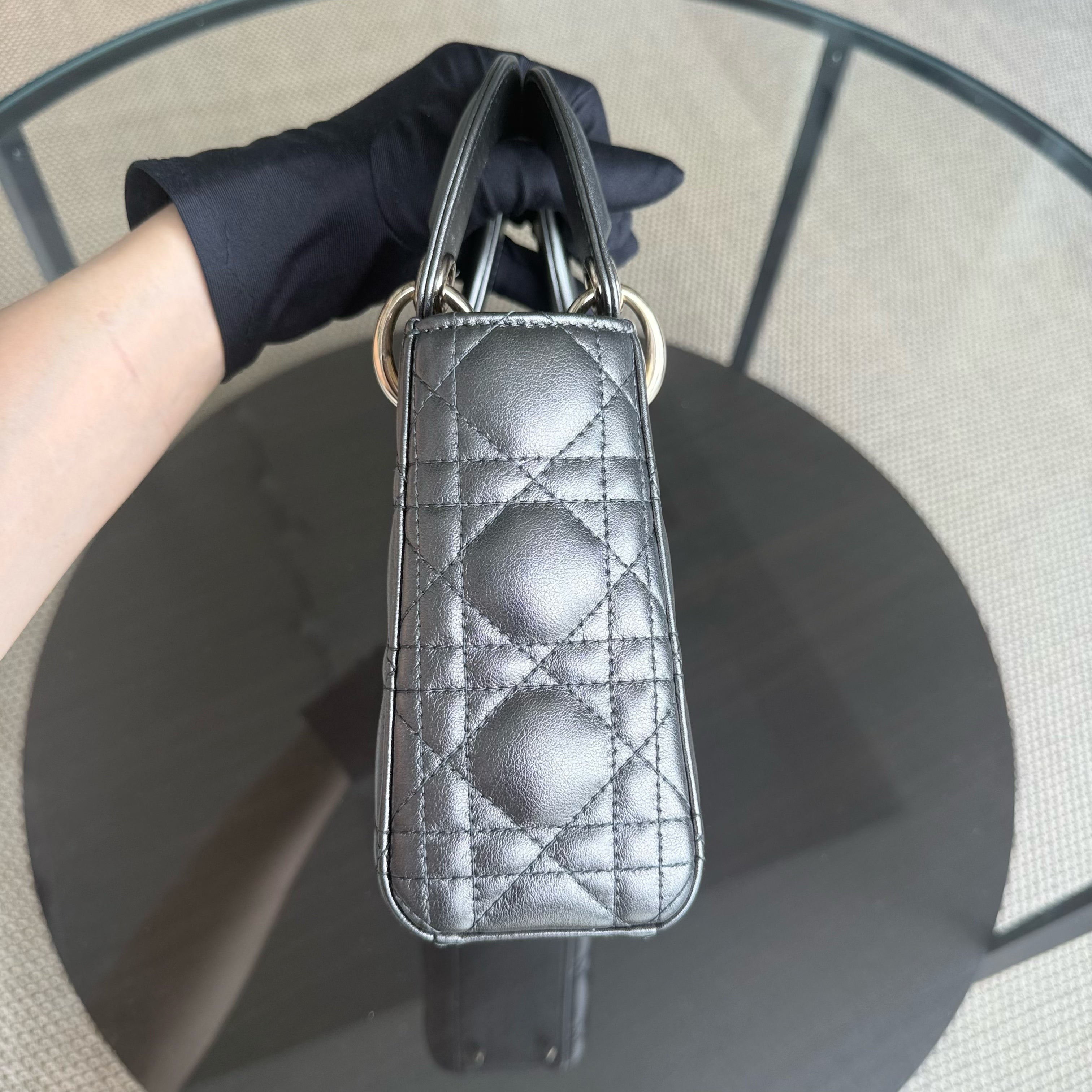 Dior Lady Mini - Cannage Calfskin Silver Gunmetal Gold Hardware Chain Strap