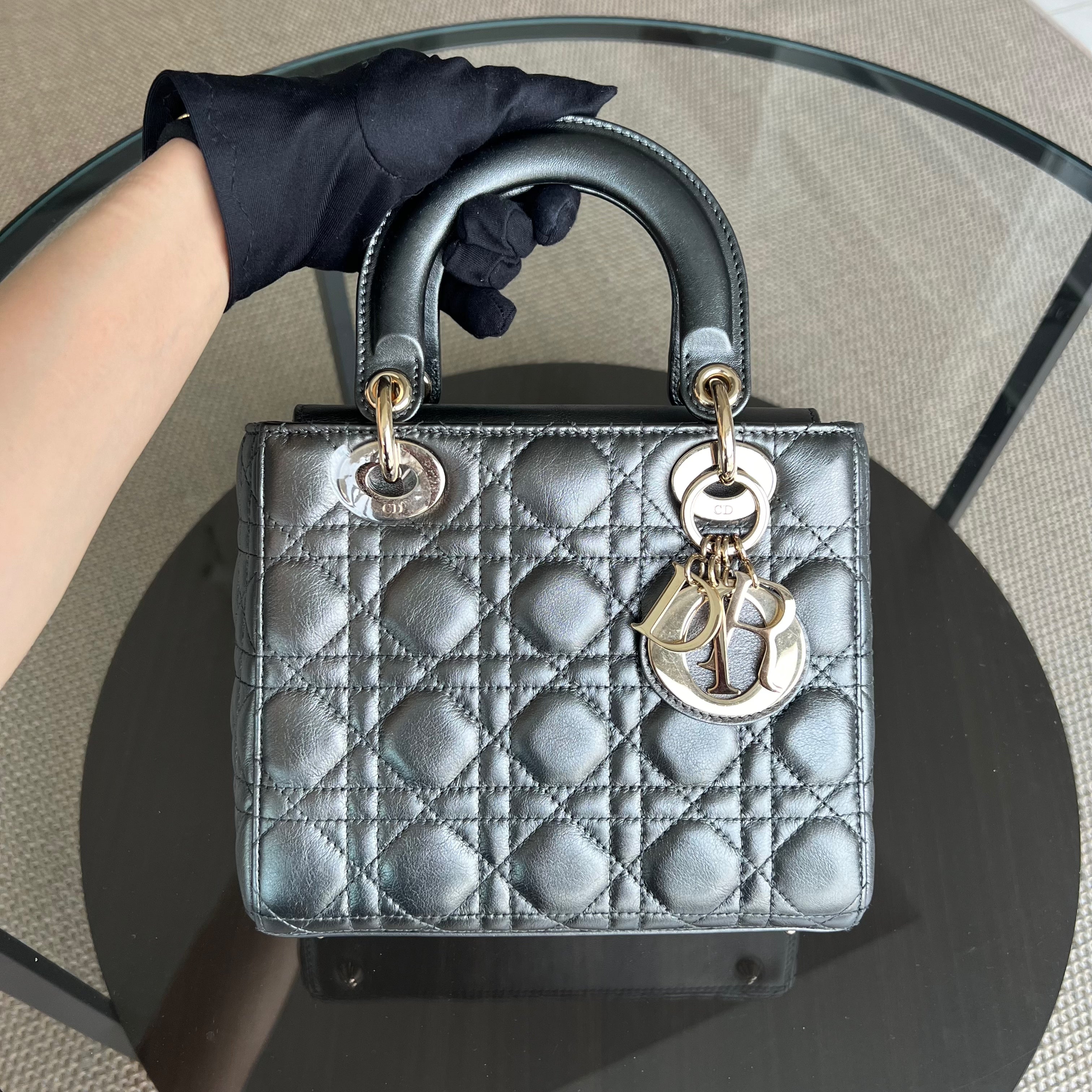 *ABC Strap* Dior Lady Small MyABC Cannage Calfskin Metallic Gunmetal Grey Golden Hardware
