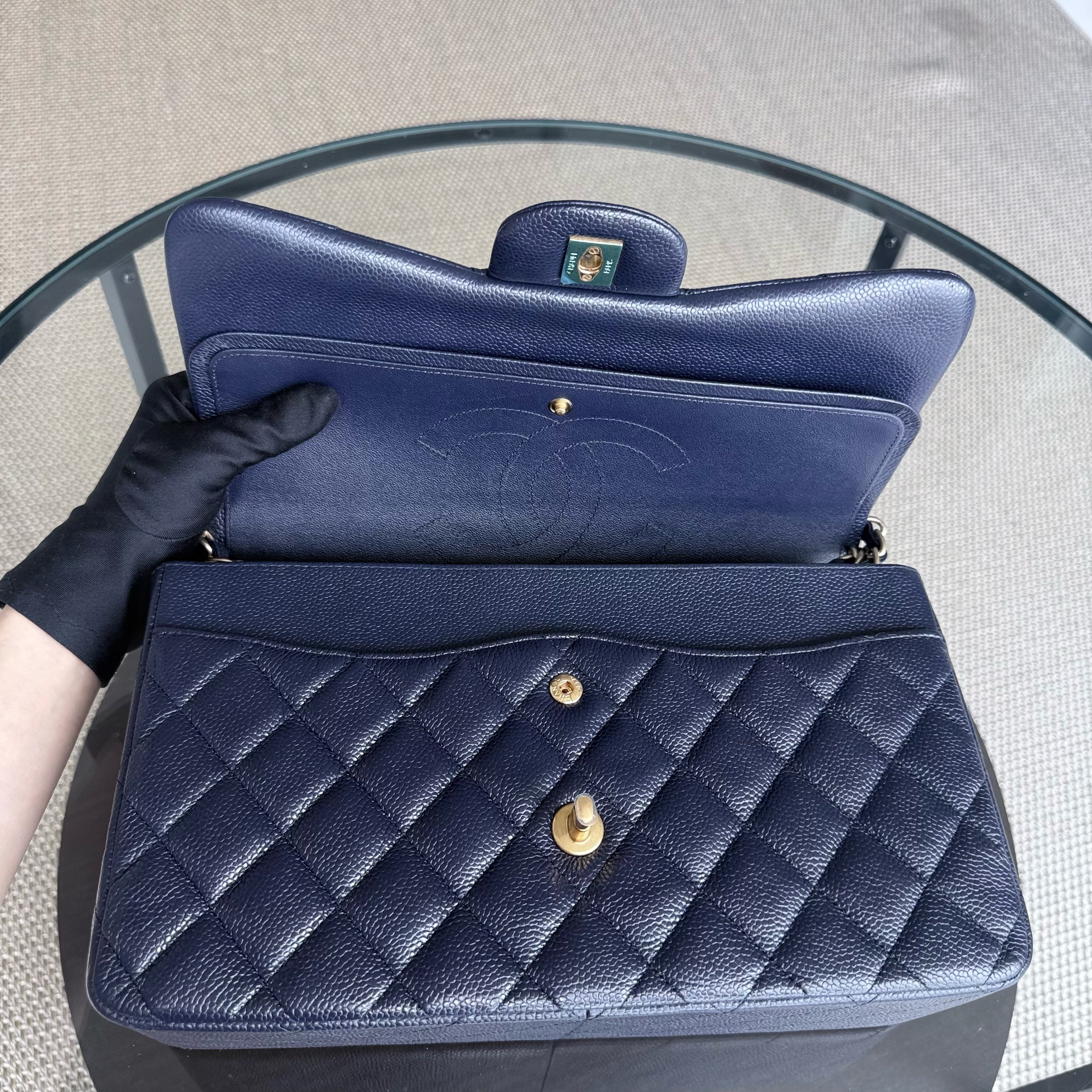 Chanel Classic Flap Jumbo - Caviar Double Flap 30CM Quilted Dark Blue Gold Hardware Series 21