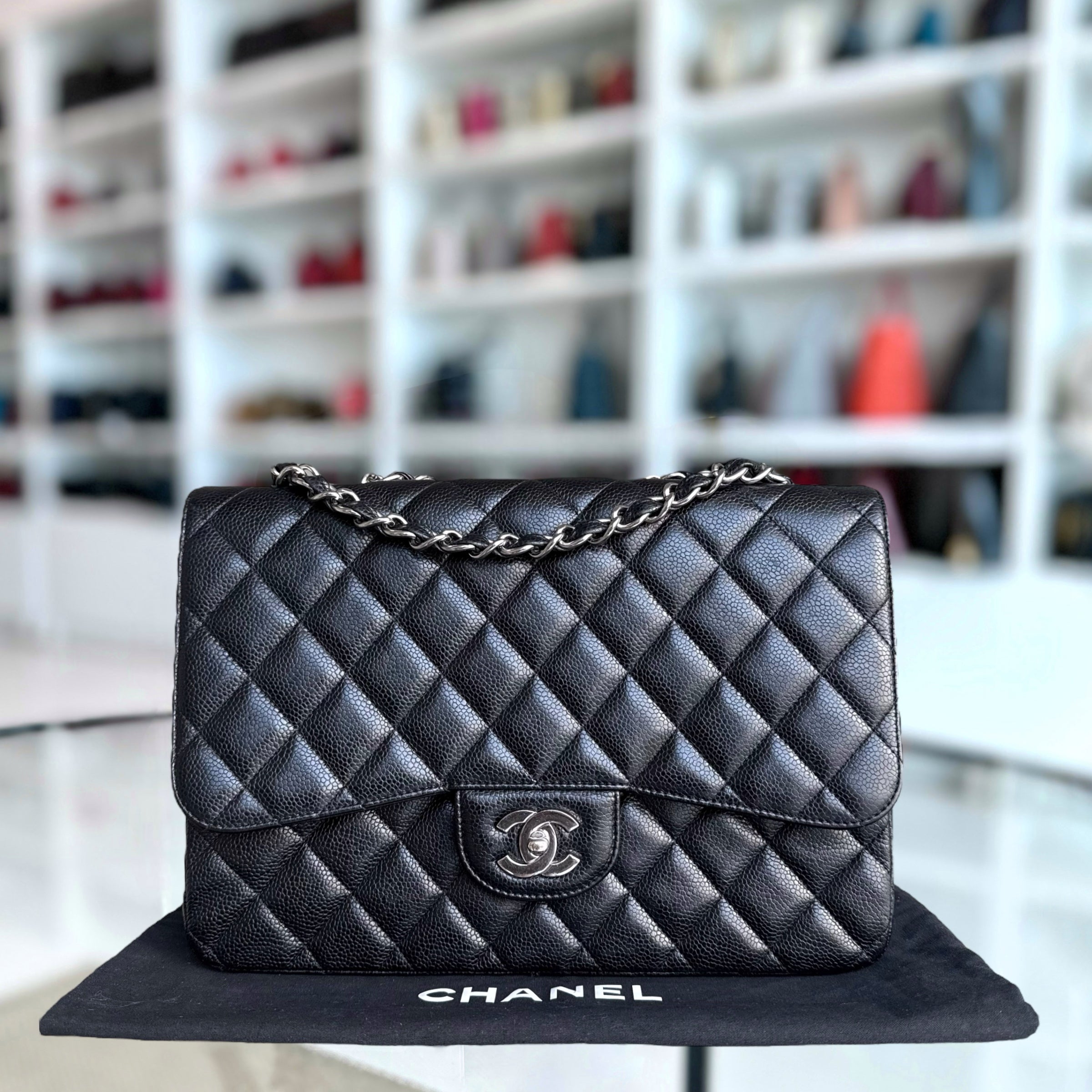 Chanel Classic Flap Jumbo - Single Flap Caviar 30CM Quilted Black Silver Hardware Series 13
