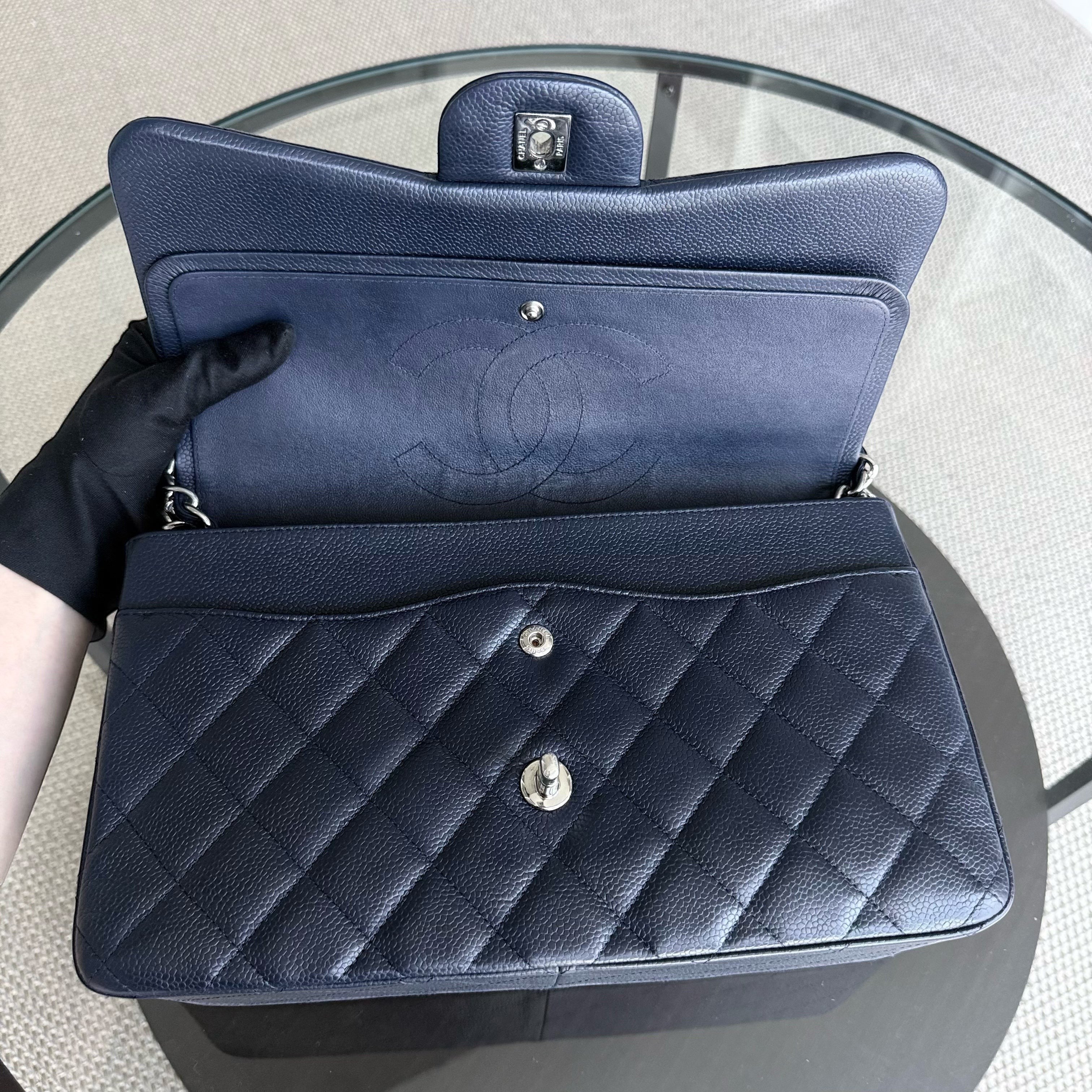 Chanel Classic Flap Jumbo - Caviar Double Flap 30CM Quilted Grained Calfskin Dark Navy Blue Silver Hardware