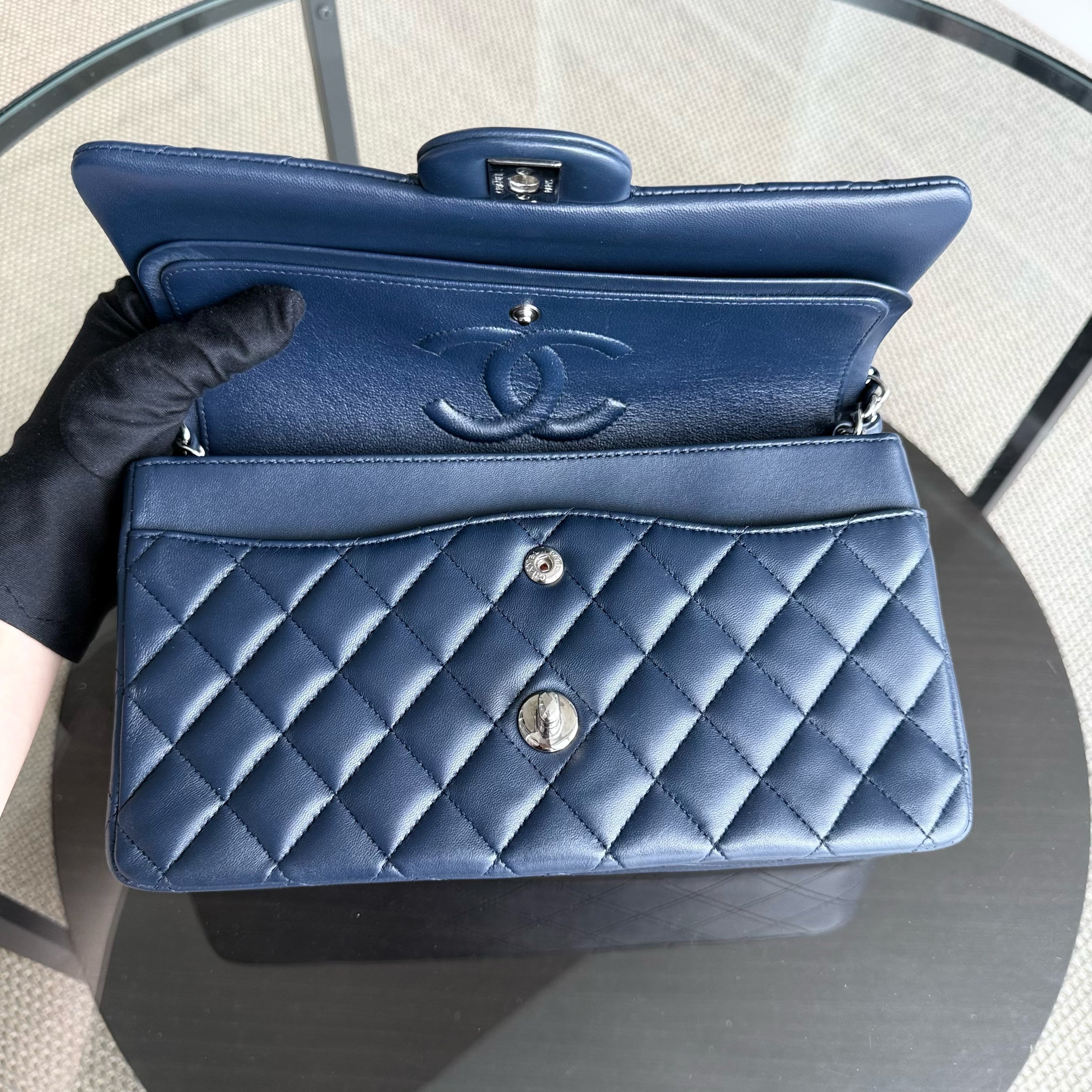 Chanel Classic Flap Medium - 25CM Quilted Lambskin Dark Navy Blue Silver Hardware Series 22