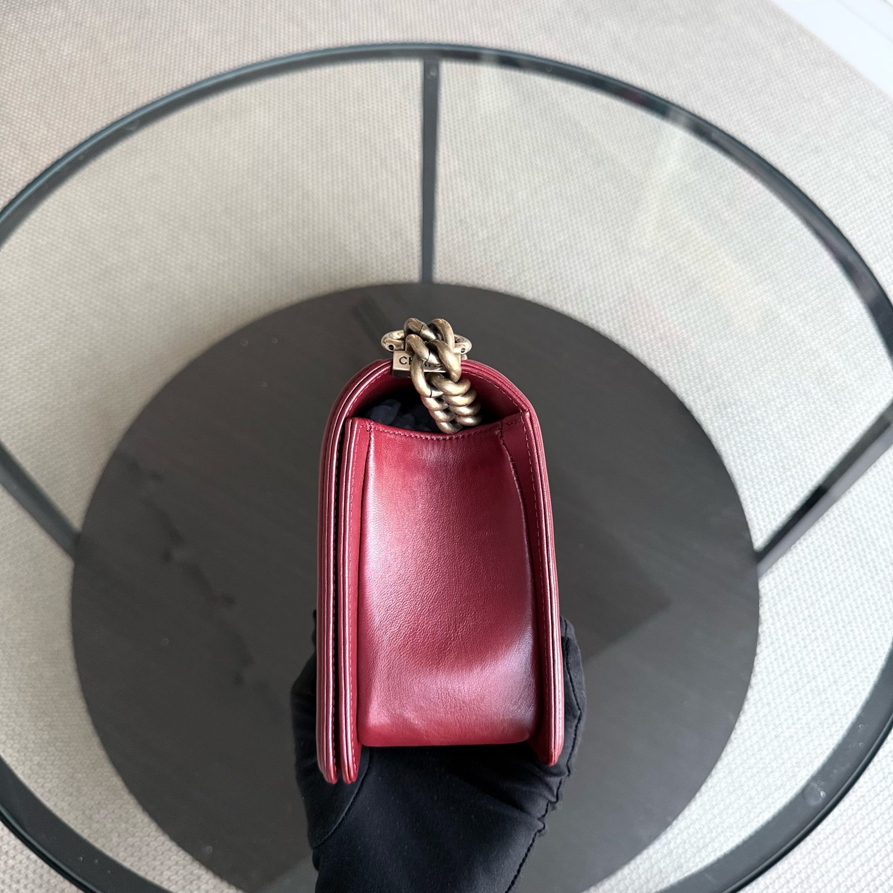 Chanel Boy Medium - 25CM Quilted Lambskin Dark Red Gold Hardware Series 19