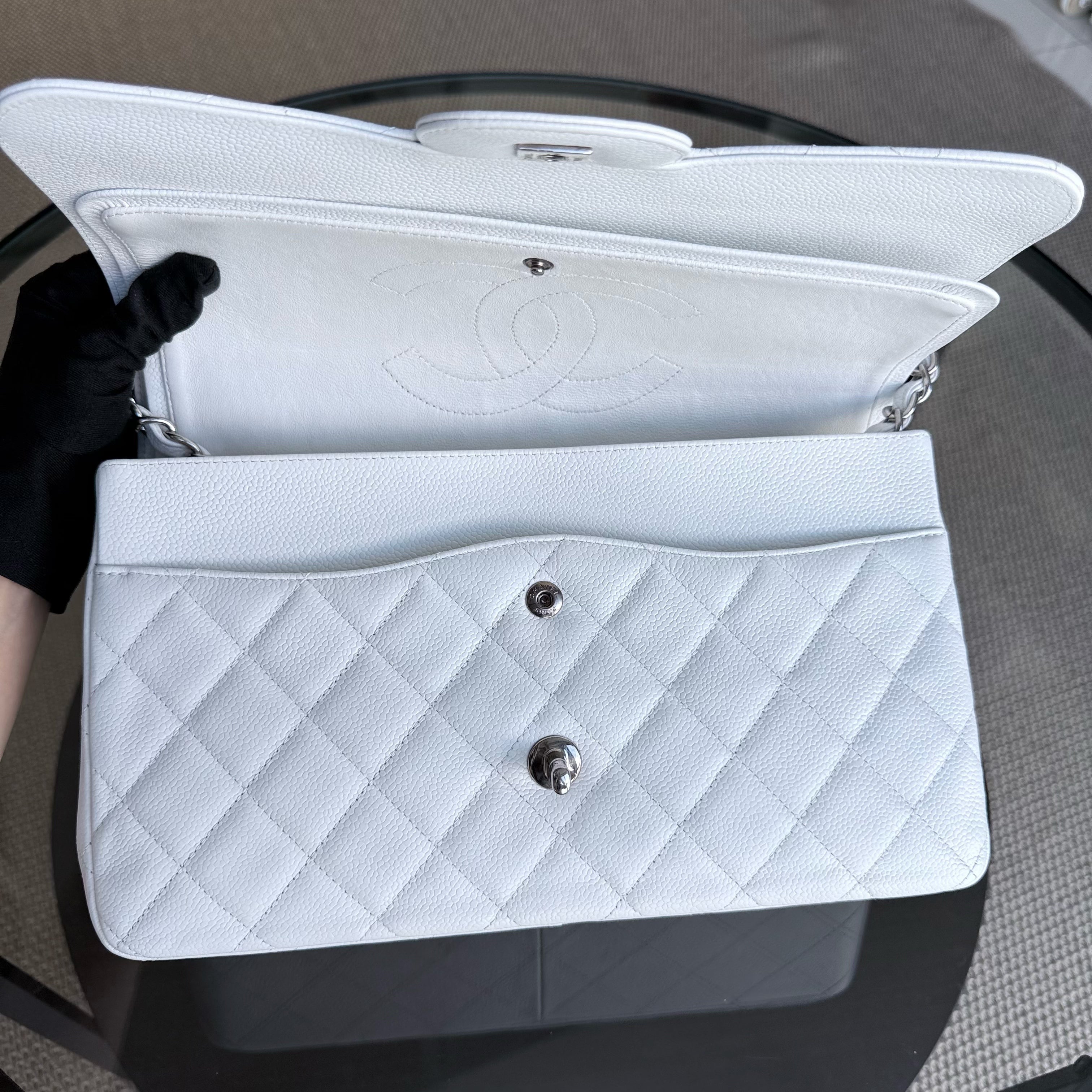 Chanel Classic Flap Jumbo - Caviar Double Flap 30CM Quilted White Silver Hardware Series 14