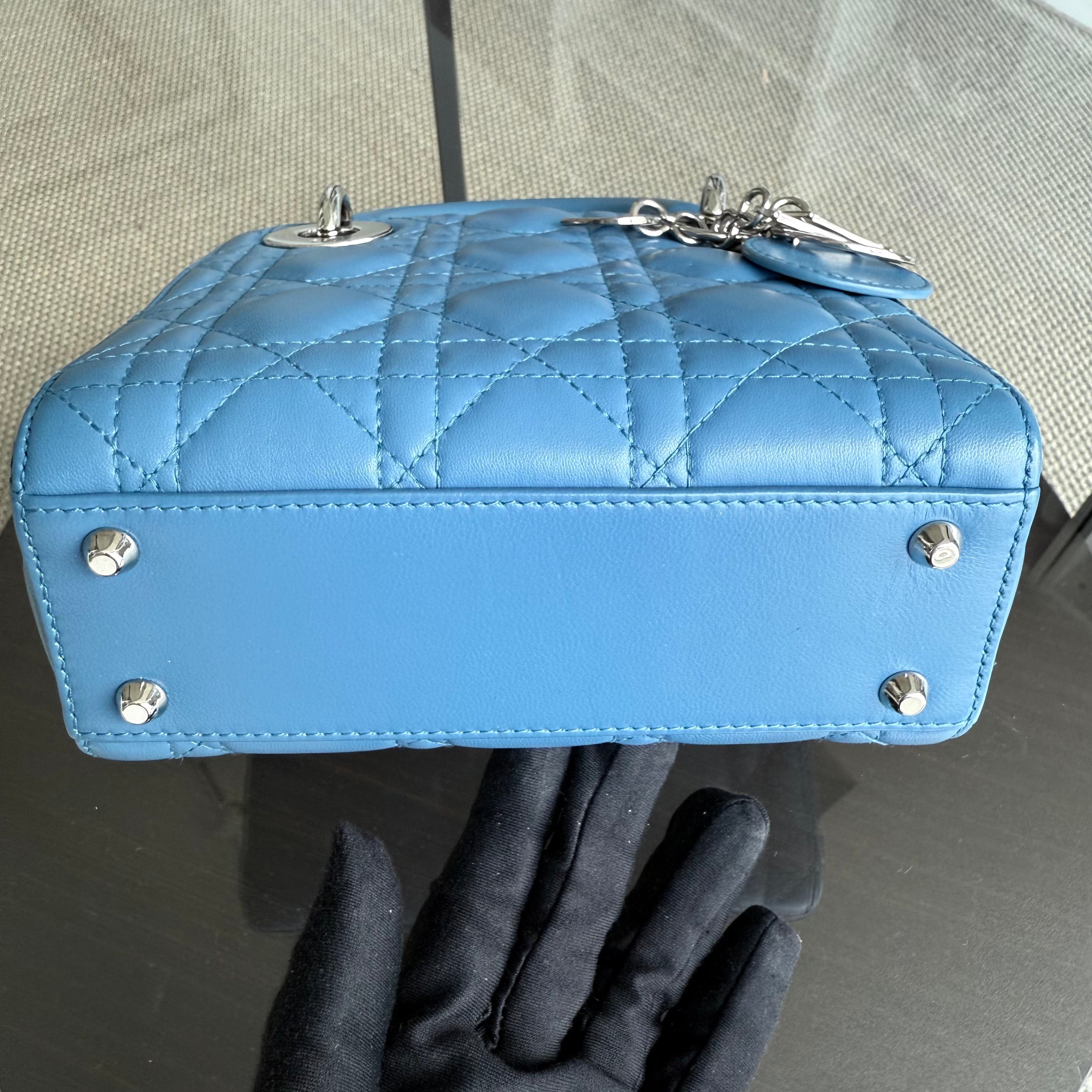 Dior Lady Mini - Cannage Lambskin Blue Silver Hardware Adjustable Strap