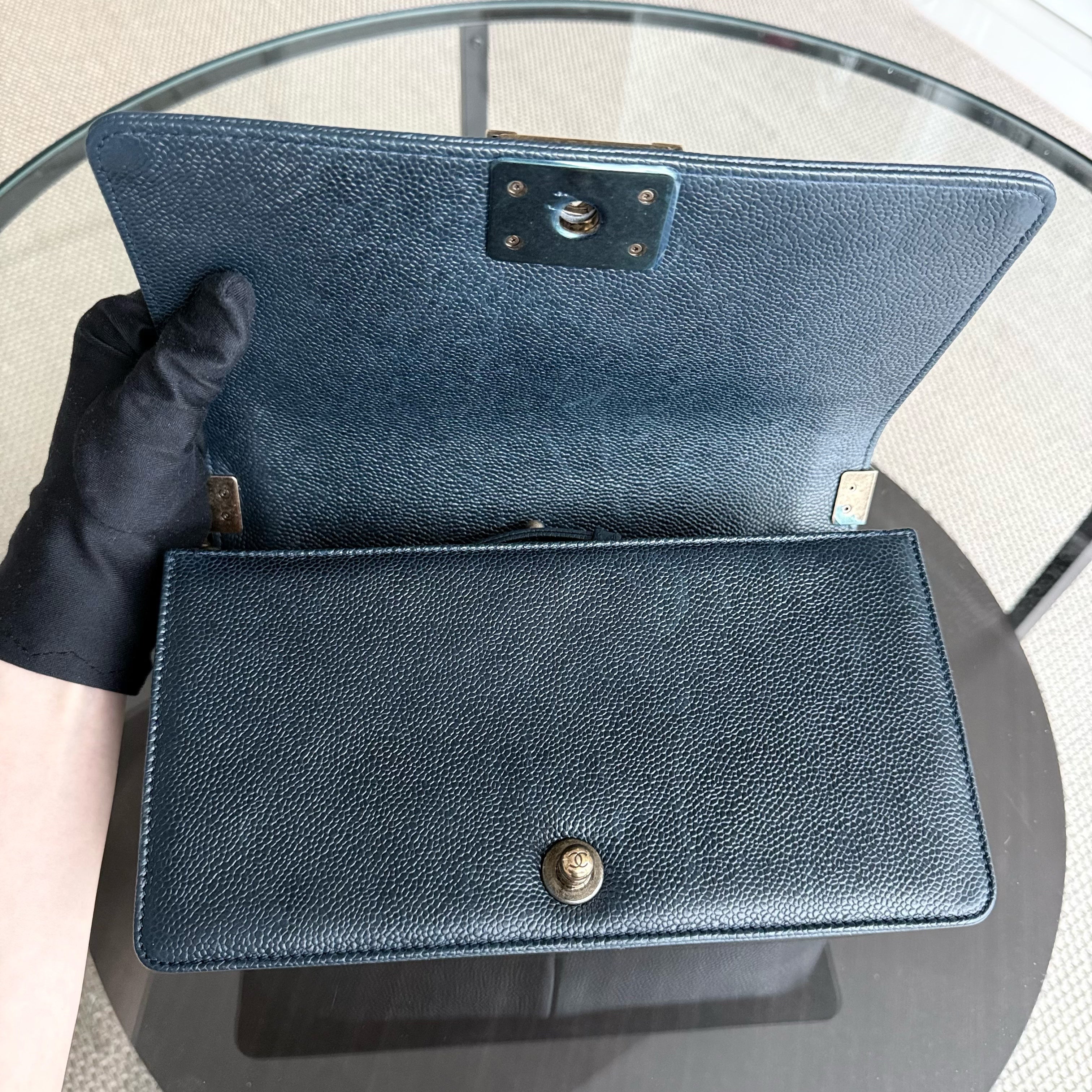 Chanel Boy Medium - Caviar 25CM Quilted Dark Blue Ruthenium Gold Hardware Series 19