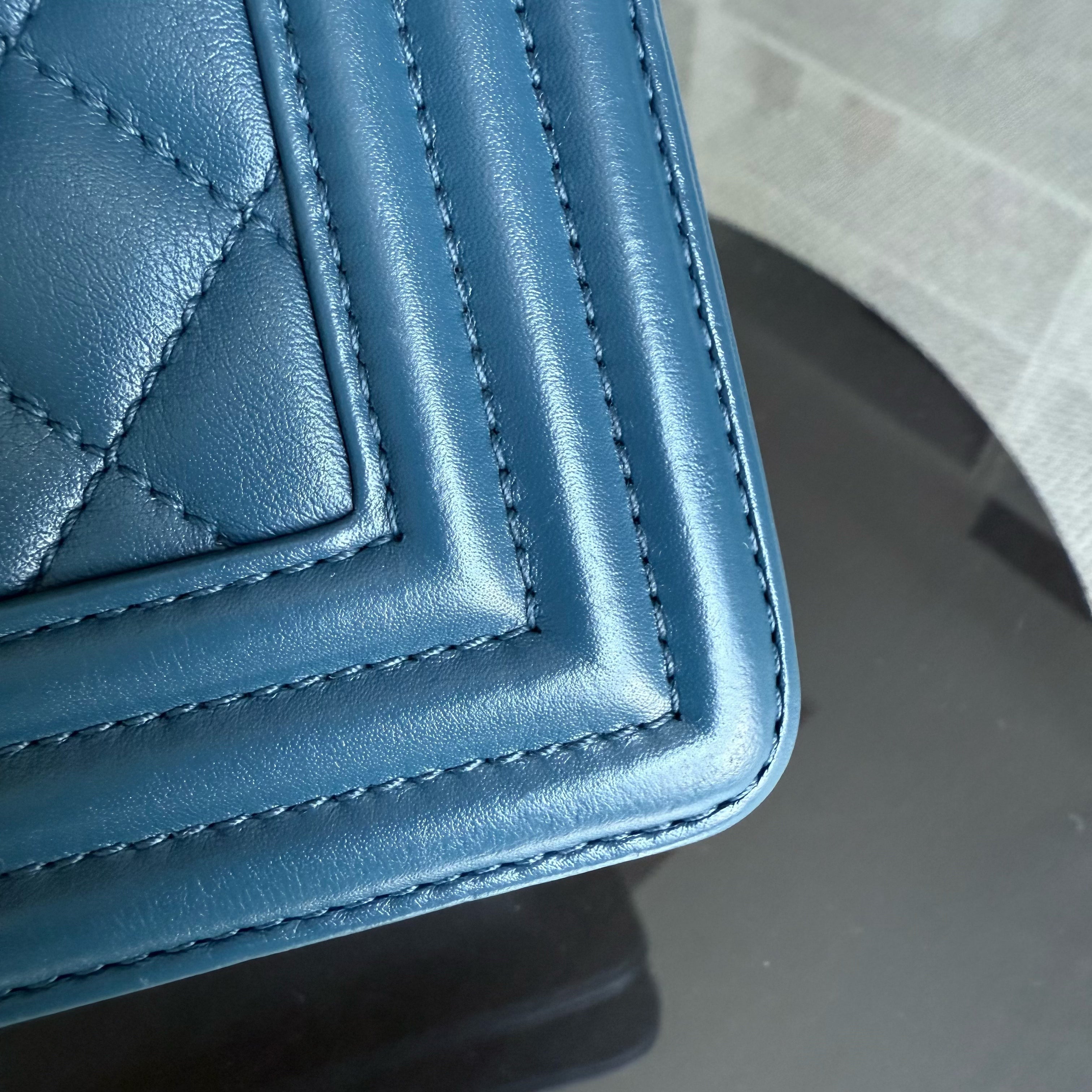 Chanel Boy Medium - Calfskin 25CM Quilted Blue Ruthenium Silver Hardware Series 26