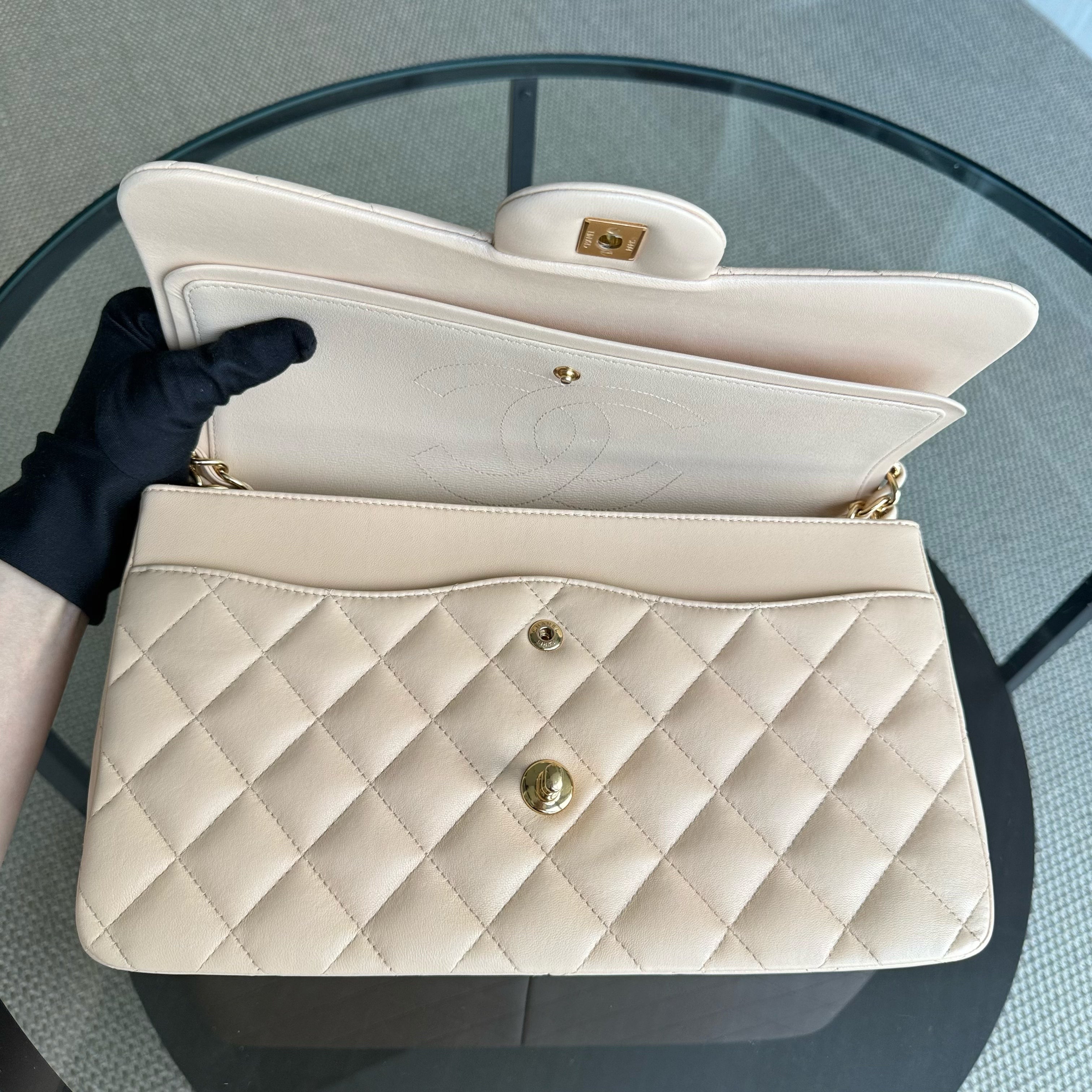Chanel Classic Flap Jumbo - Double Flap 30CM Quilted Lambskin Beige Gold Hardware Series 19