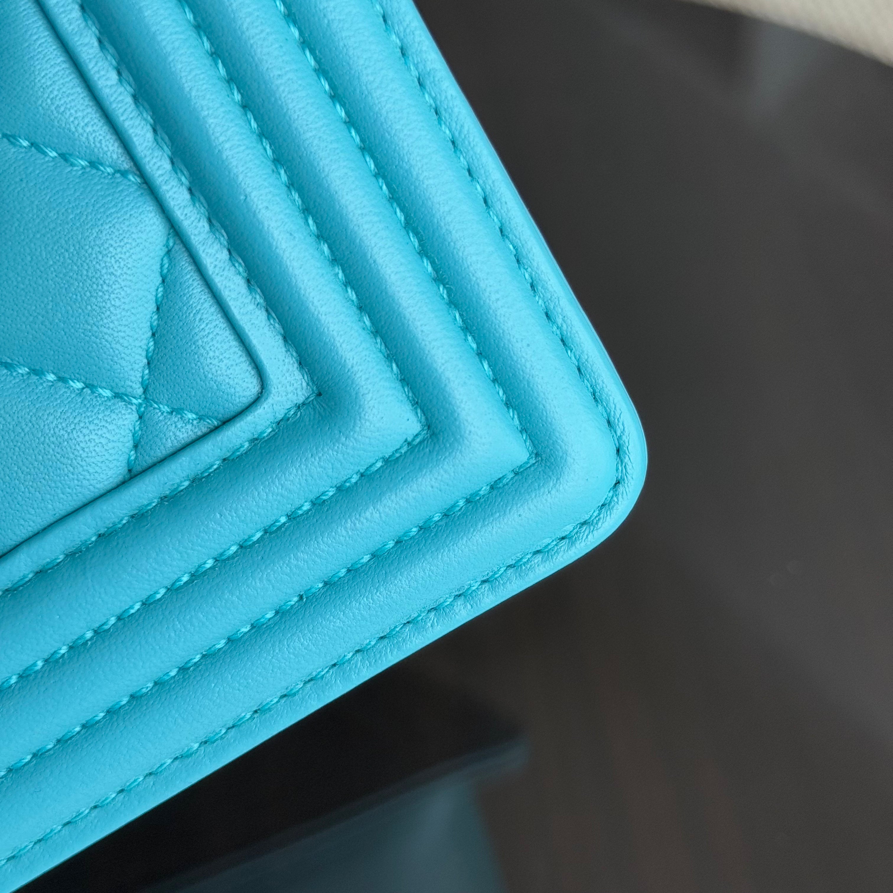Chanel Boy Medium - 25CM Quilted Lambskin Cyan Blue Ruthenium Silver Hardware Series 19