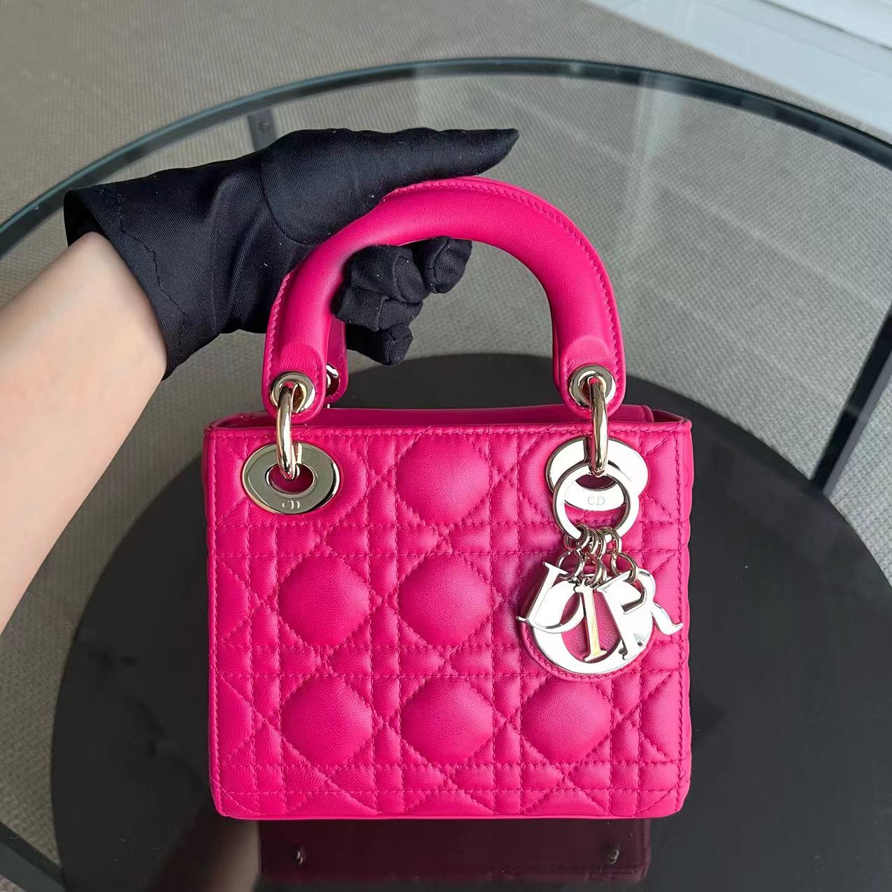 Lady Mini Lambskin Cannage Hot Pink Golden Hardware