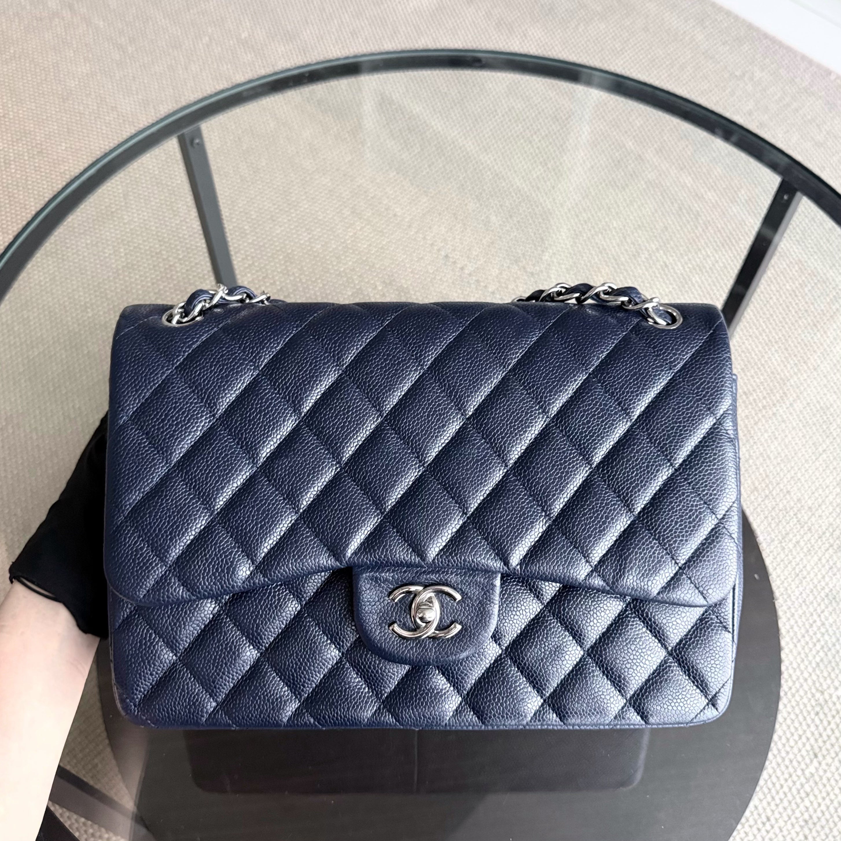 Chanel Classic Flap Jumbo - Caviar Double Flap 30CM Quilted Grained Calfskin Dark Blue Silver Hardware Series 19