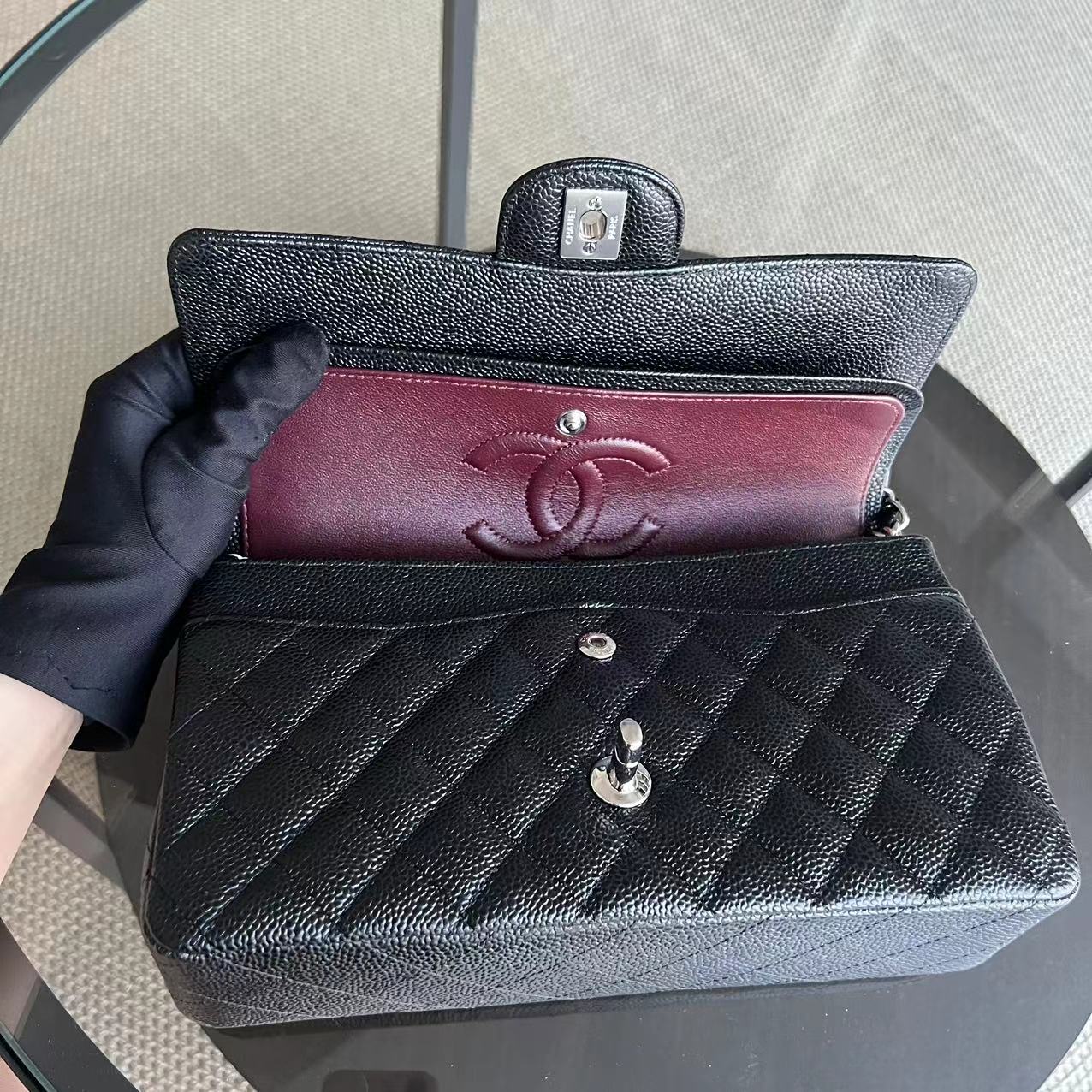 *Unused* Medium Double Flap 25CM Quilted Grained Calfskin Black Silver Hardware Series 23