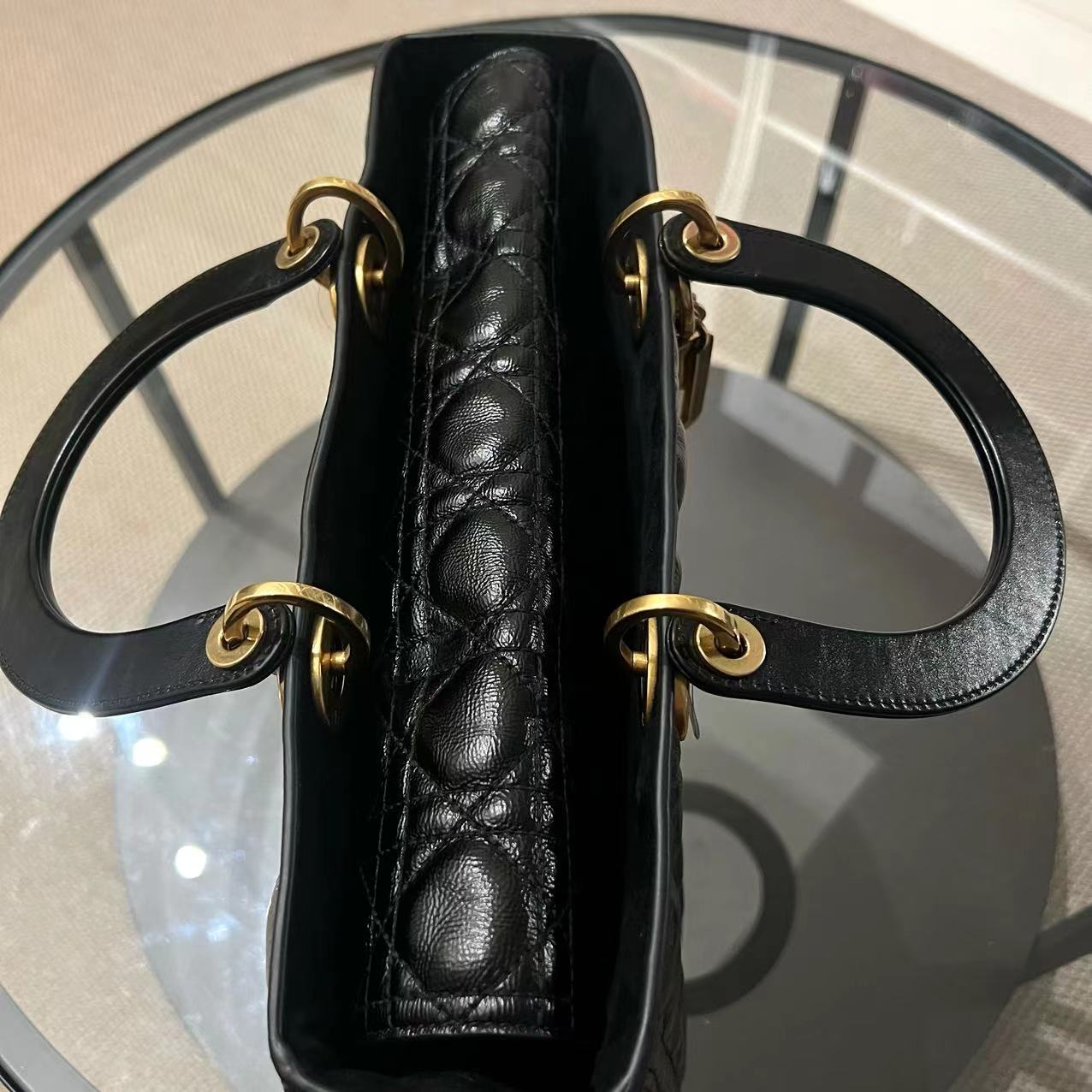 *Flap Version* Dior Lady Large Glazed Calfskin Black Golden Hardware With Strap - Luxury Evermore