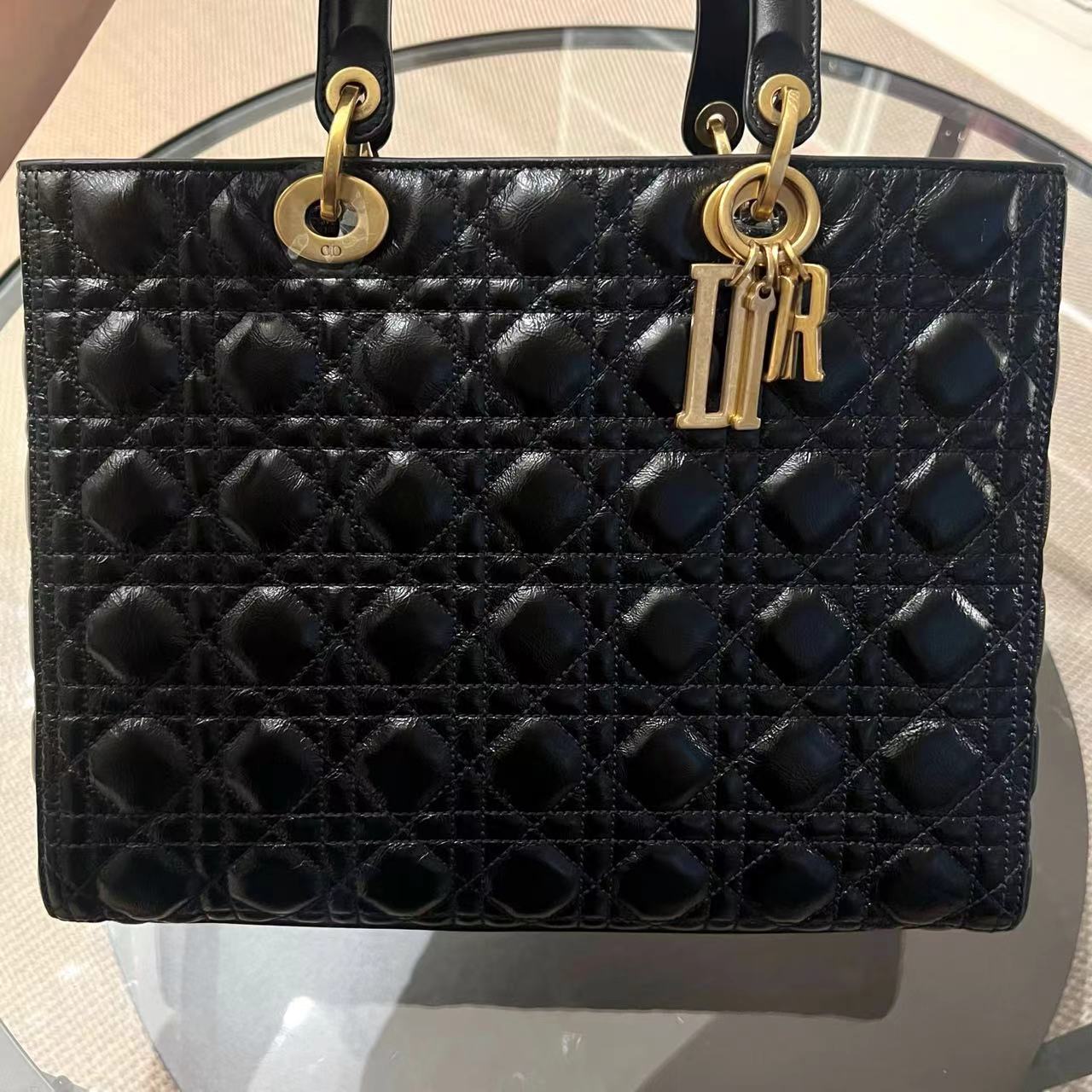 *Flap Version* Dior Lady Large Glazed Calfskin Black Golden Hardware With Strap - Luxury Evermore