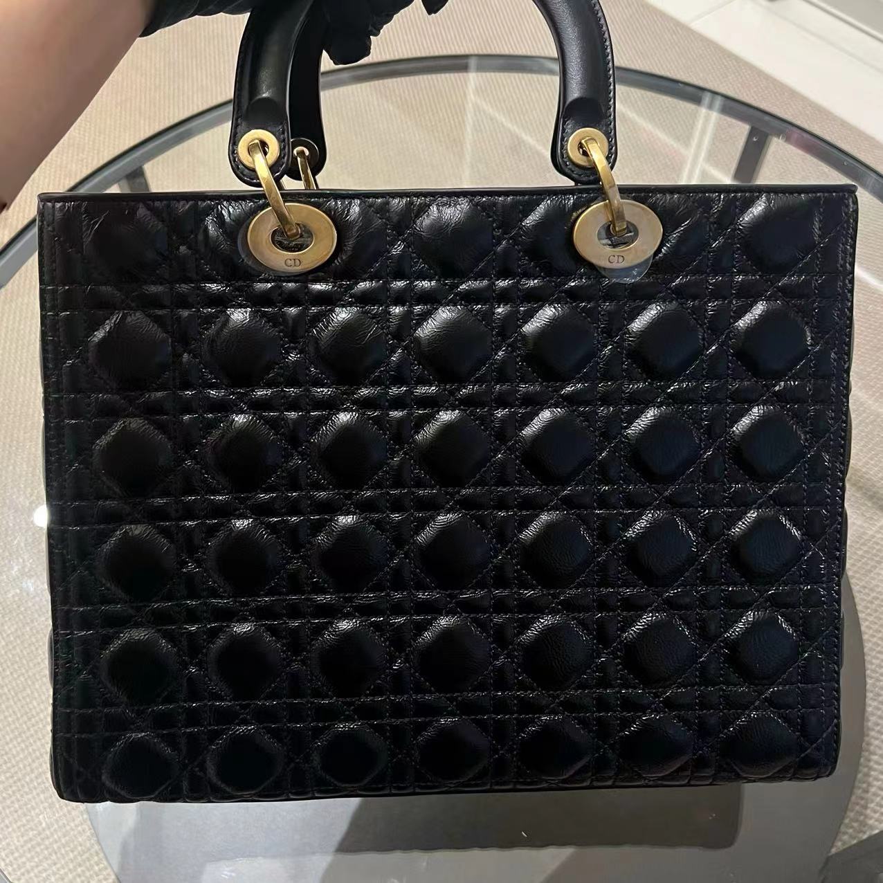 *Flap Version* Dior Lady Large Glazed Calfskin Black Golden Hardware With Strap - Luxury Evermore