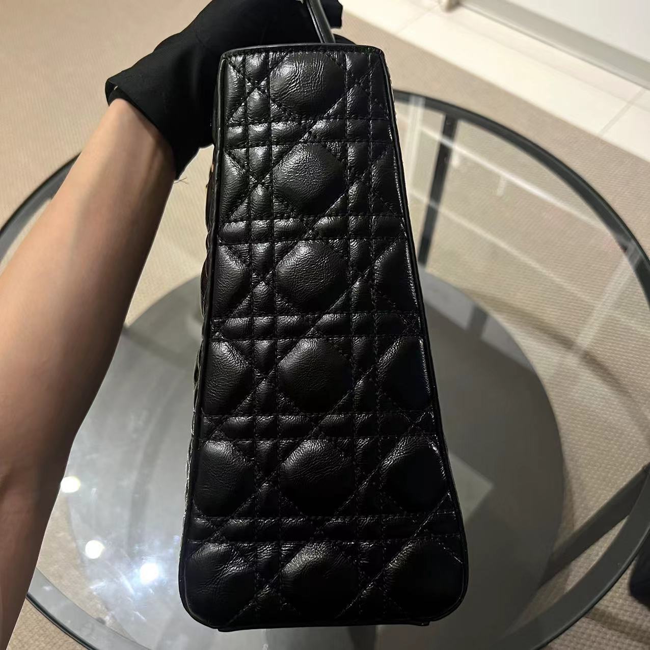 *Flap Version* Dior Lady Large Glazed Calfskin Black Golden Hardware With Strap - Luxury Evermore