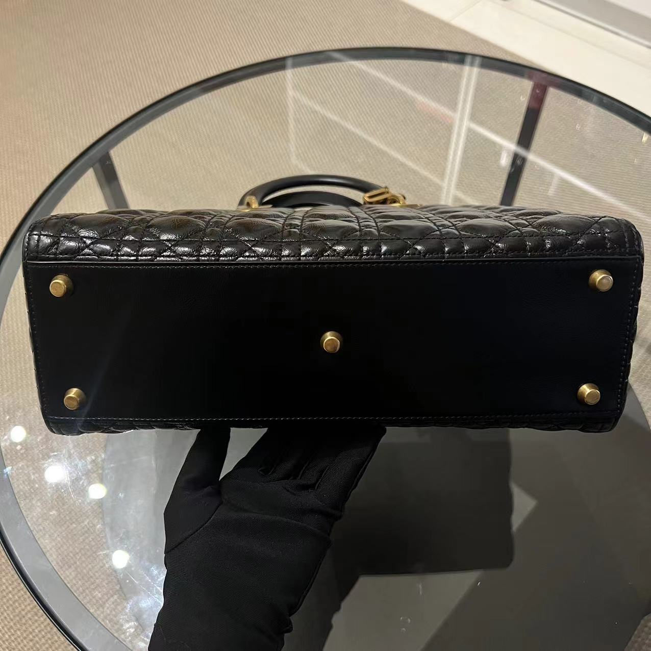 *Flap Version* Dior Lady Large Glazed Calfskin Black Golden Hardware With Strap - Luxury Evermore