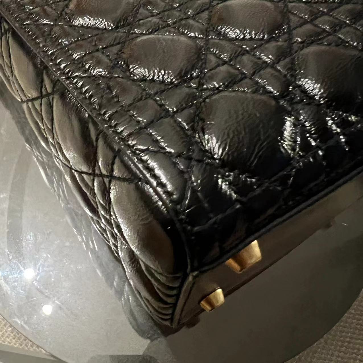 *Flap Version* Dior Lady Large Glazed Calfskin Black Golden Hardware With Strap - Luxury Evermore