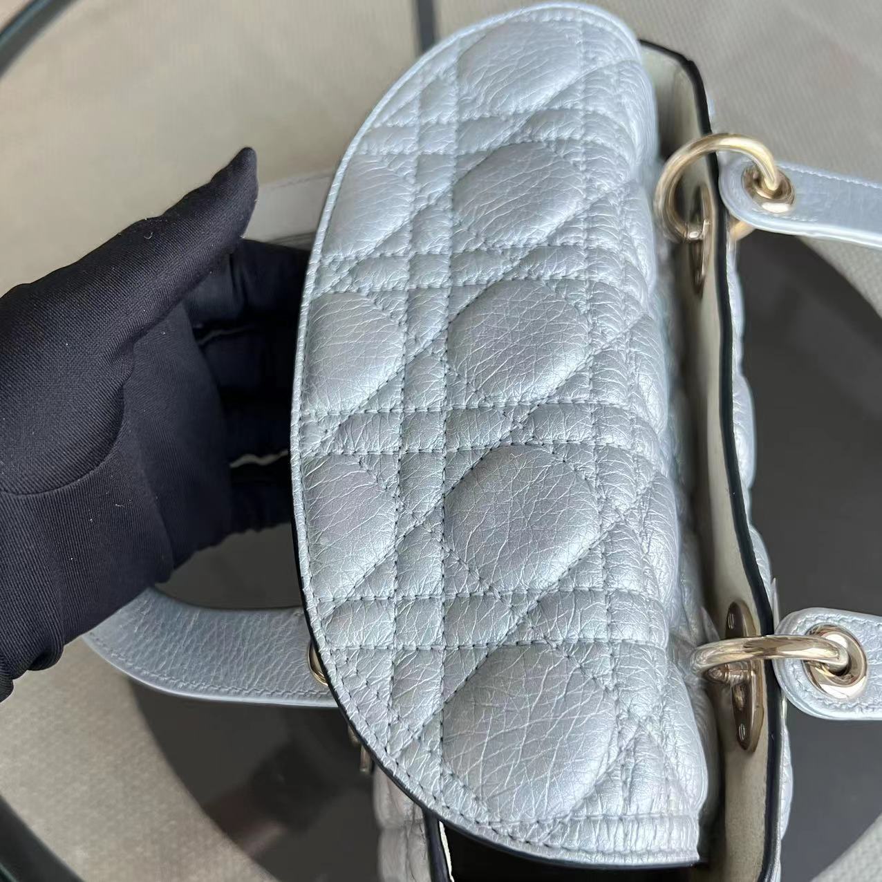 *Flap Version* Dior Lady Medium Cannage Metallic Aged Calfskin Silver Golden Hardware - Luxury Evermore