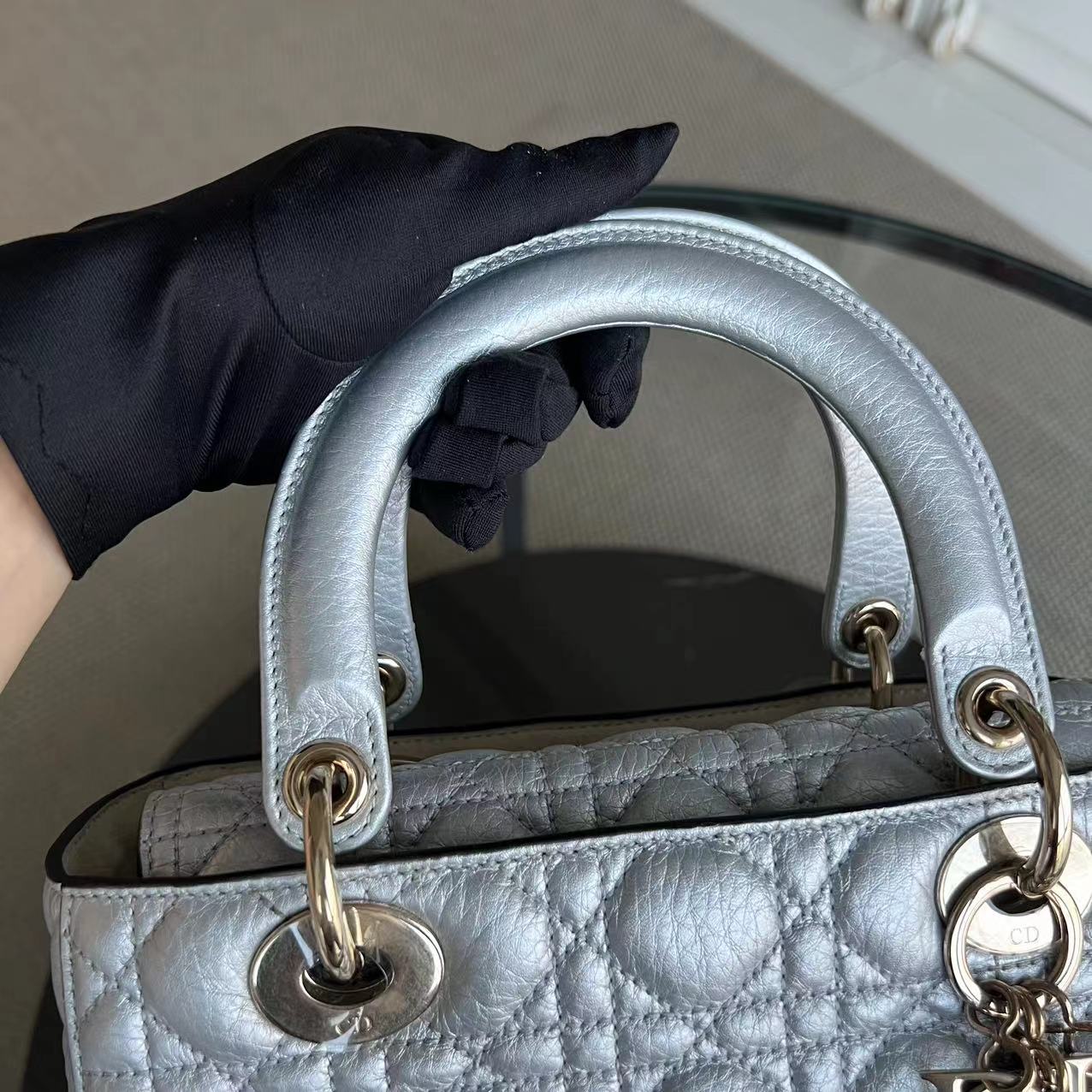 *Flap Version* Dior Lady Medium Cannage Metallic Aged Calfskin Silver Golden Hardware - Luxury Evermore