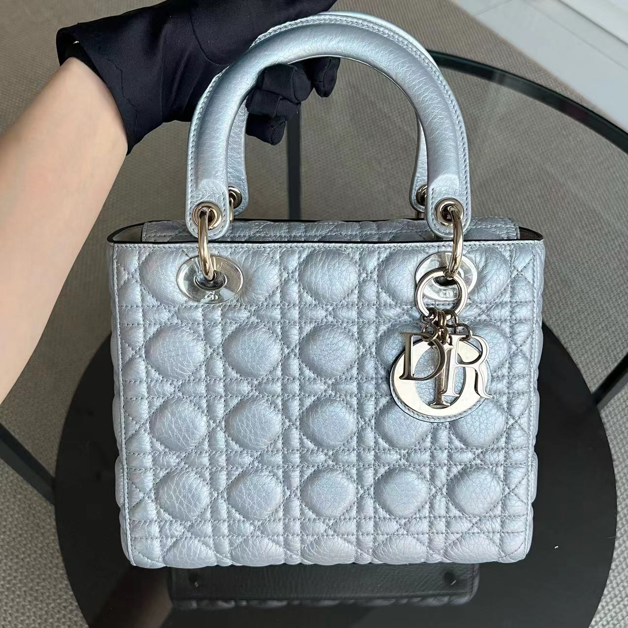 *Flap Version* Dior Lady Medium Cannage Metallic Aged Calfskin Silver Golden Hardware - Luxury Evermore
