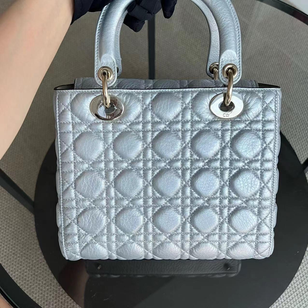 *Flap Version* Dior Lady Medium Cannage Metallic Aged Calfskin Silver Golden Hardware - Luxury Evermore