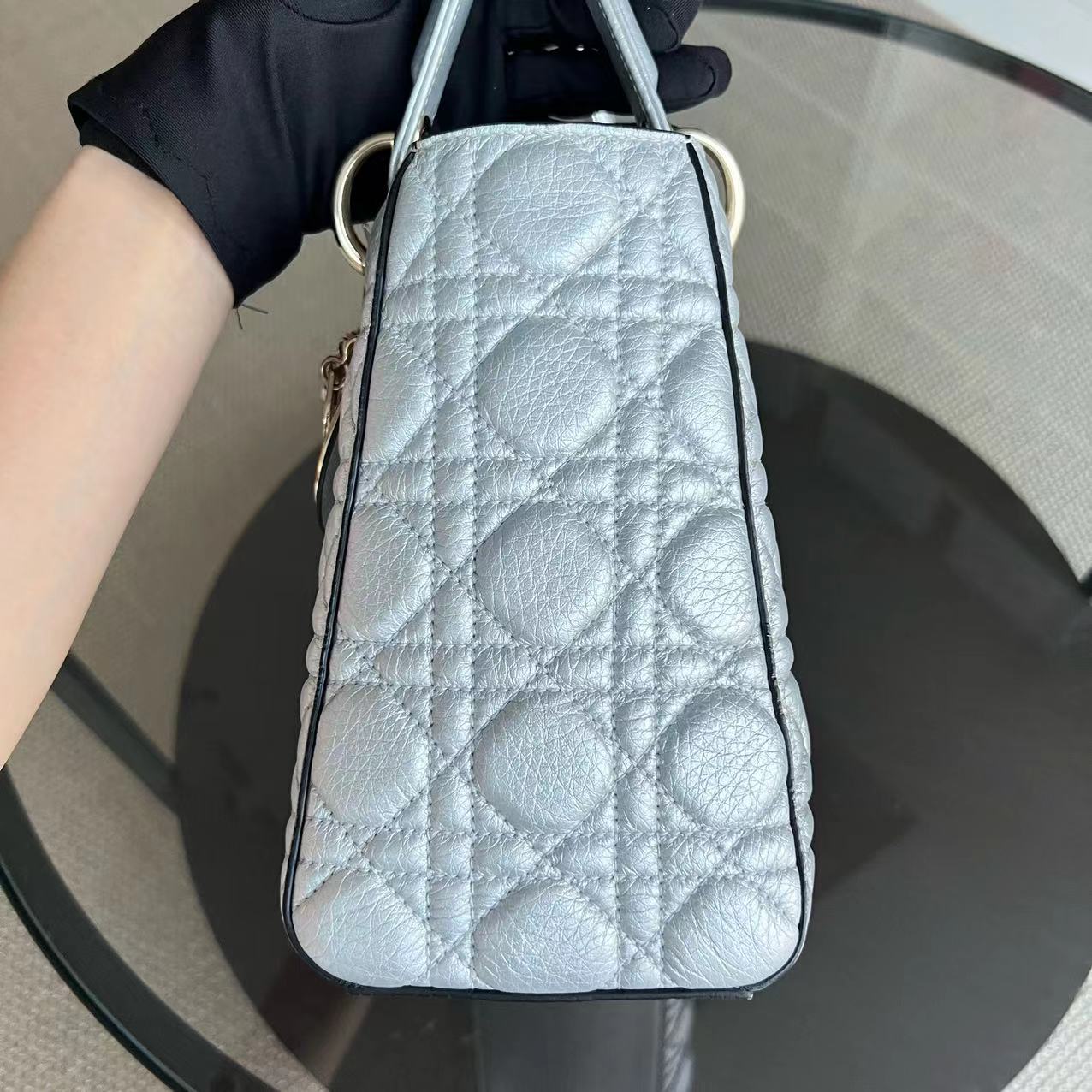 *Flap Version* Dior Lady Medium Cannage Metallic Aged Calfskin Silver Golden Hardware - Luxury Evermore
