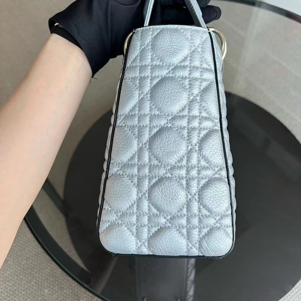 *Flap Version* Dior Lady Medium Cannage Metallic Aged Calfskin Silver Golden Hardware - Luxury Evermore