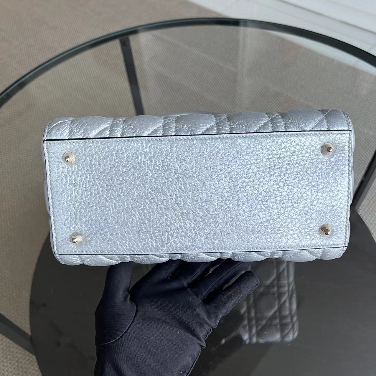 *Flap Version* Dior Lady Medium Cannage Metallic Aged Calfskin Silver Golden Hardware - Luxury Evermore